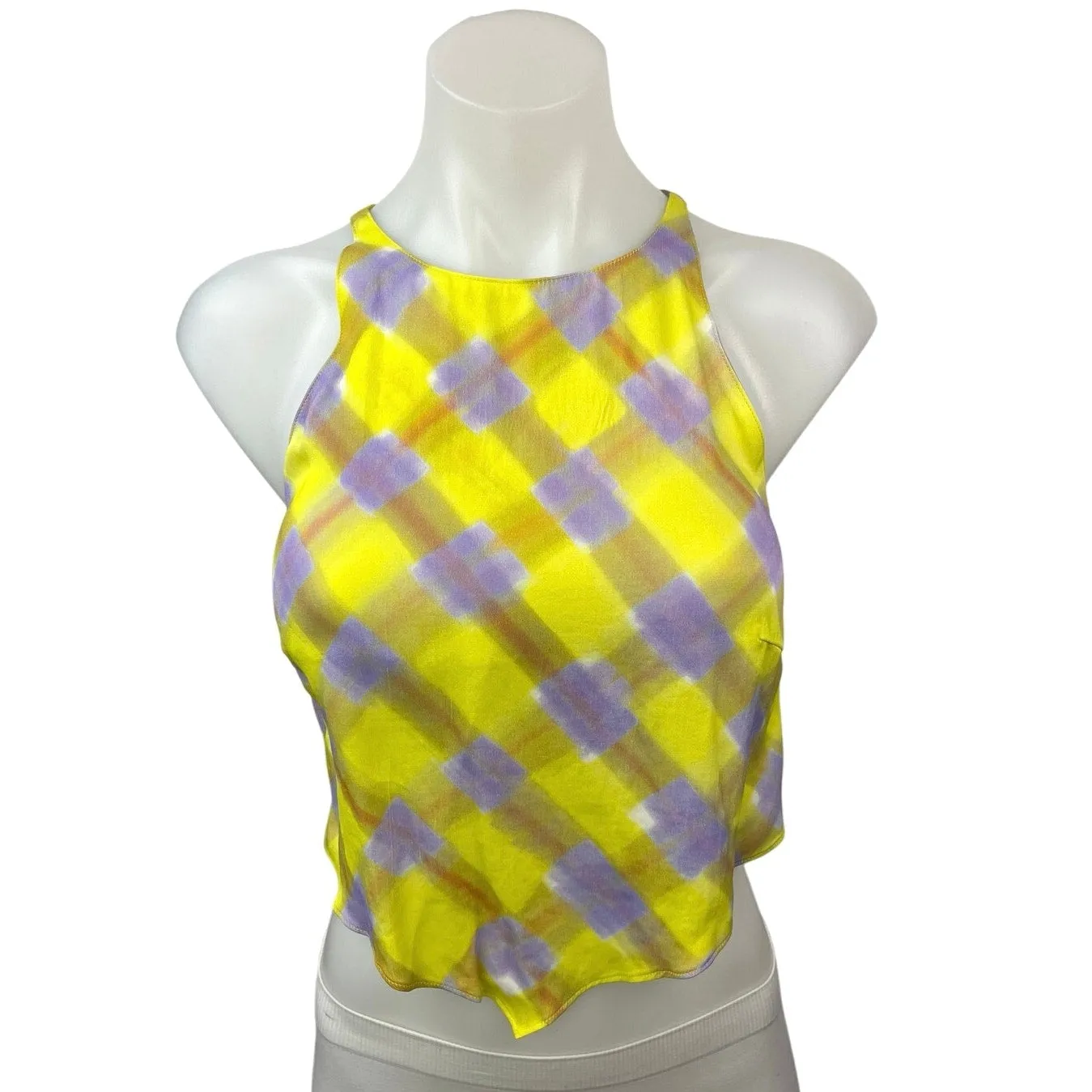 & Other Stories Yellow Purple Plaid Zip Sleeveless High Neck Crop Top Size 2