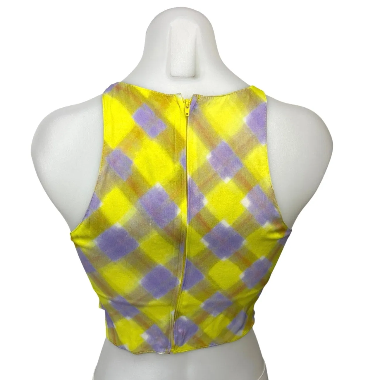 & Other Stories Yellow Purple Plaid Zip Sleeveless High Neck Crop Top Size 2