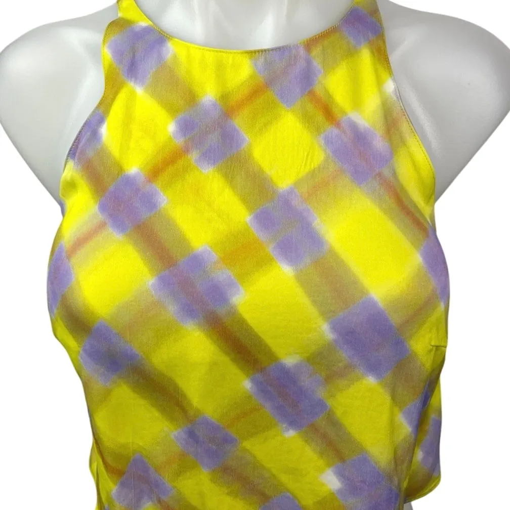 & Other Stories Yellow Purple Plaid Zip Sleeveless High Neck Crop Top Size 2