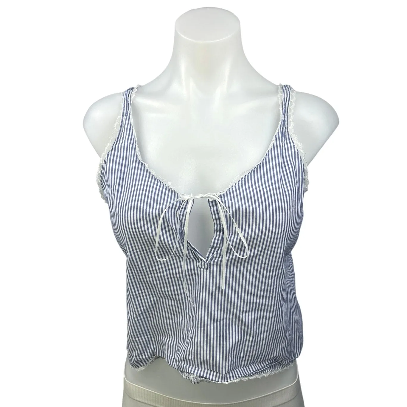 Andine Vivi Provence Stripe Blue White Sleeveless Split V-neck Crop Tank Top S