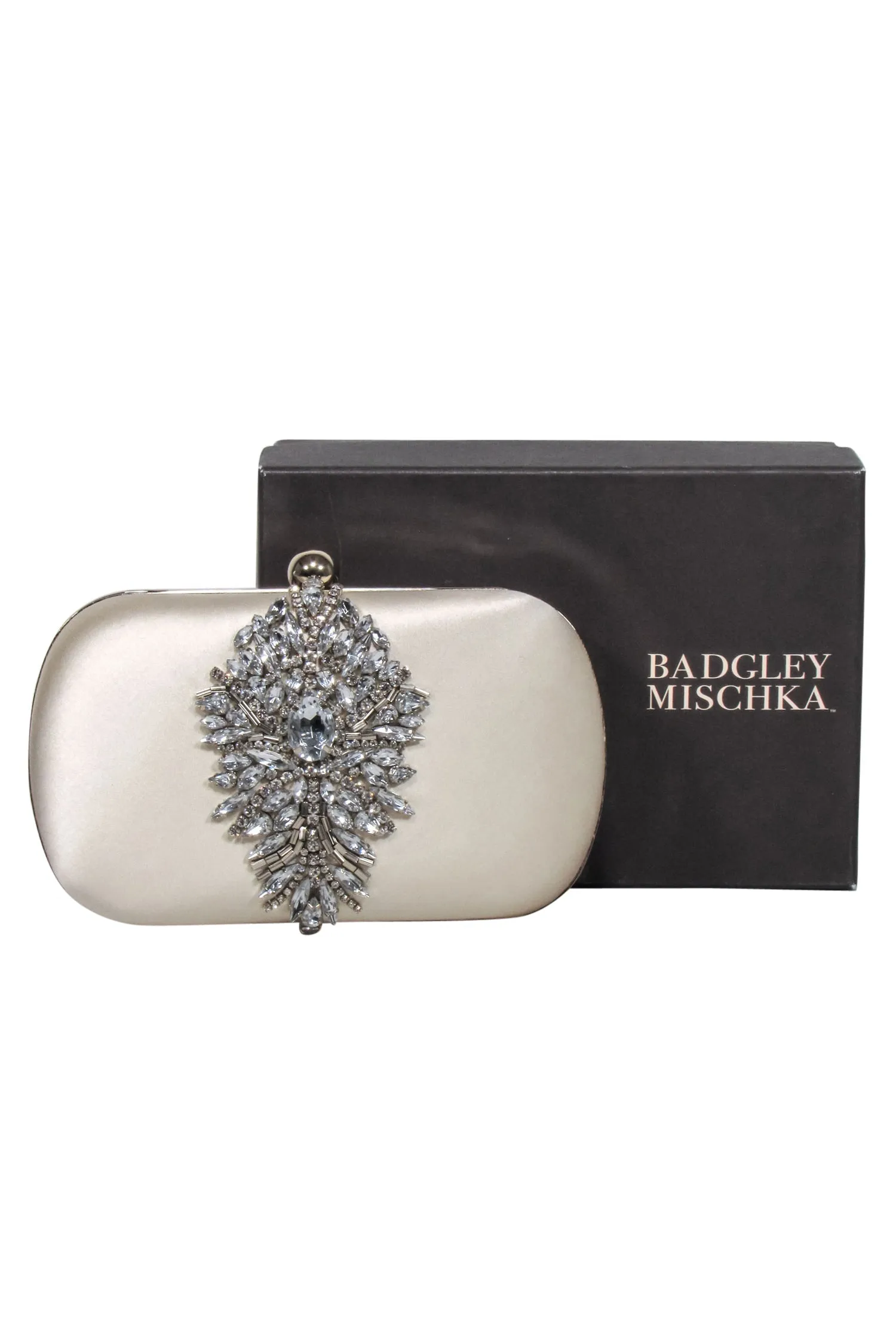 Badgley Mischka - Cream Satin Clutch w/ Jewel Front