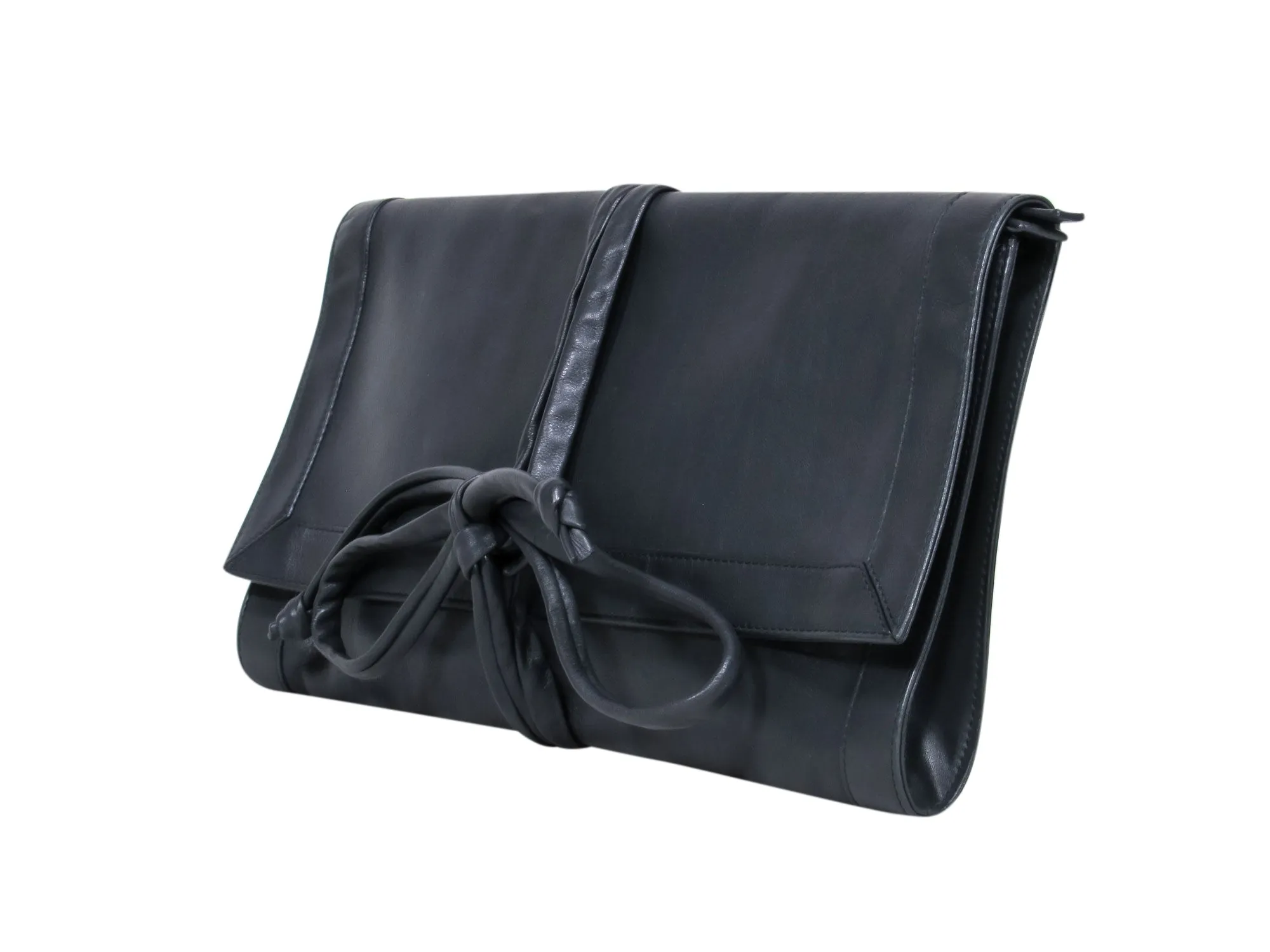 Barneys New York - Black Foldover Clutch w/ Tie Straps