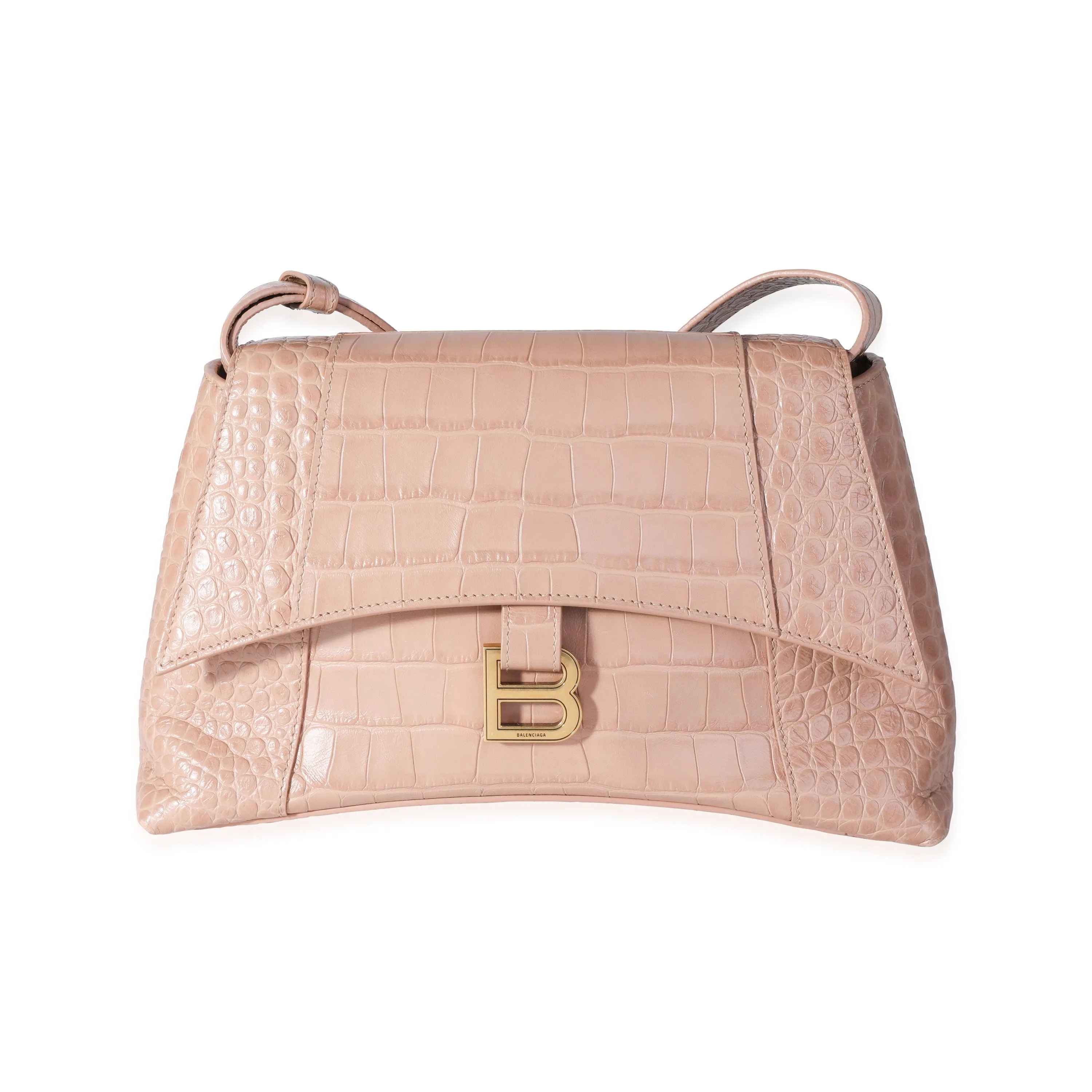 Beige Croc Embossed Hourglass Downtown Shoulder Bag