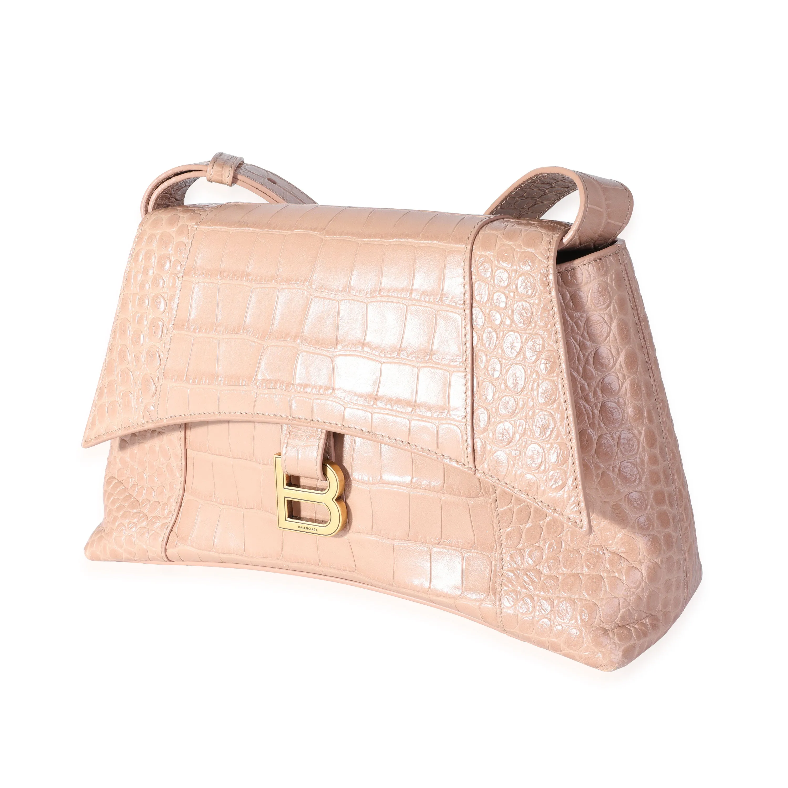 Beige Croc Embossed Hourglass Downtown Shoulder Bag