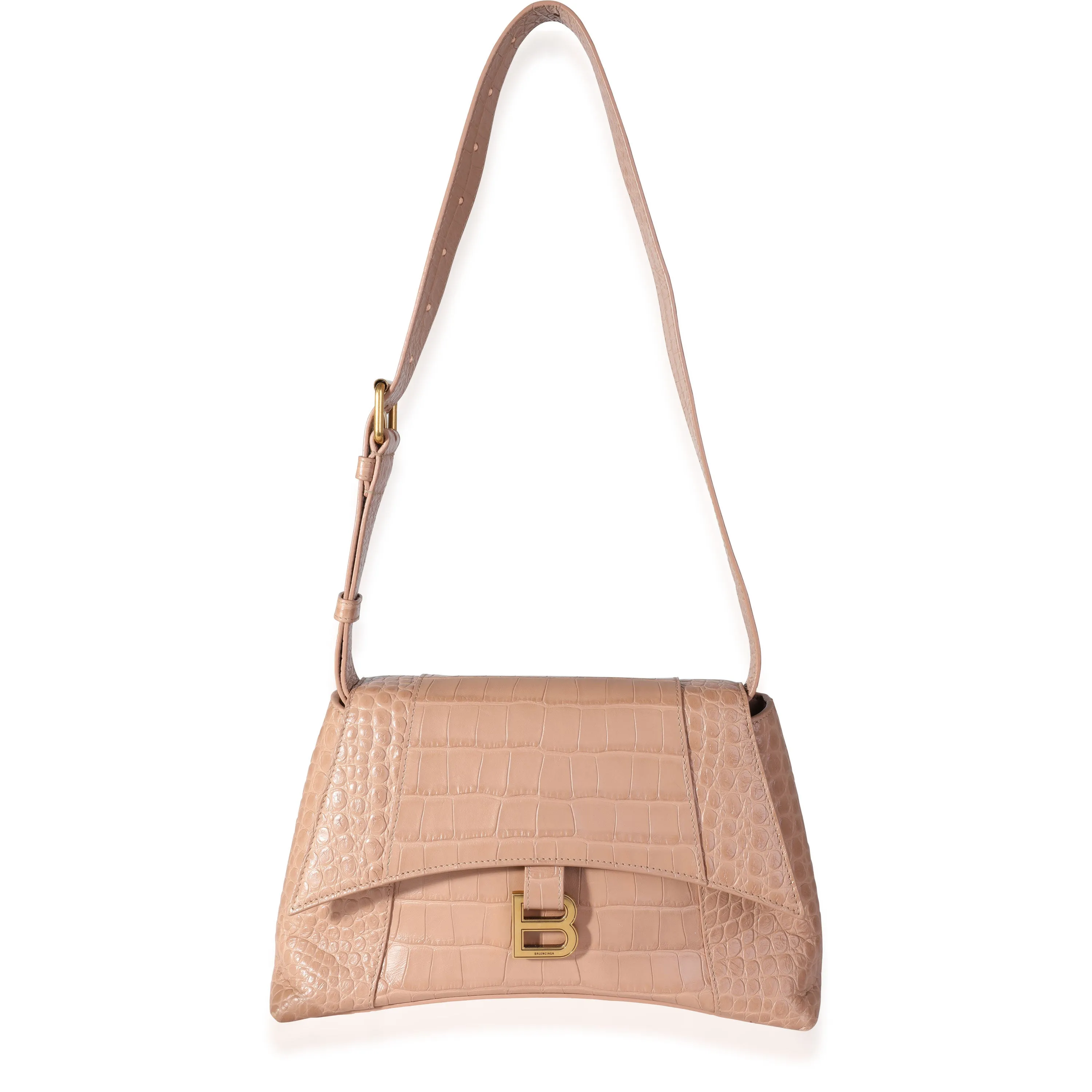 Beige Croc Embossed Hourglass Downtown Shoulder Bag