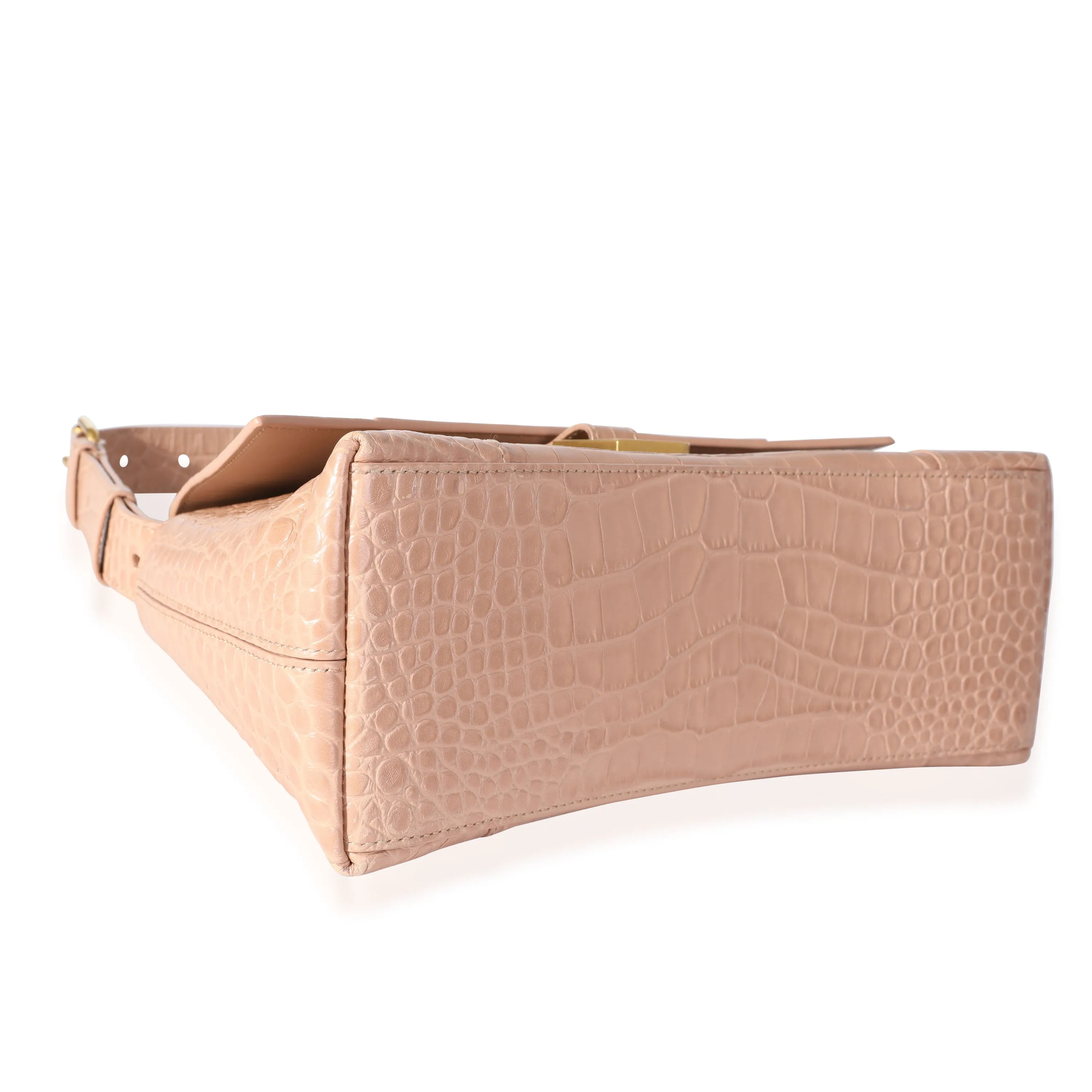 Beige Croc Embossed Hourglass Downtown Shoulder Bag