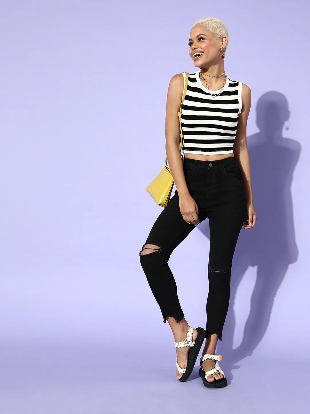 Black & White Stripe Sleeveless Rib Crop Top