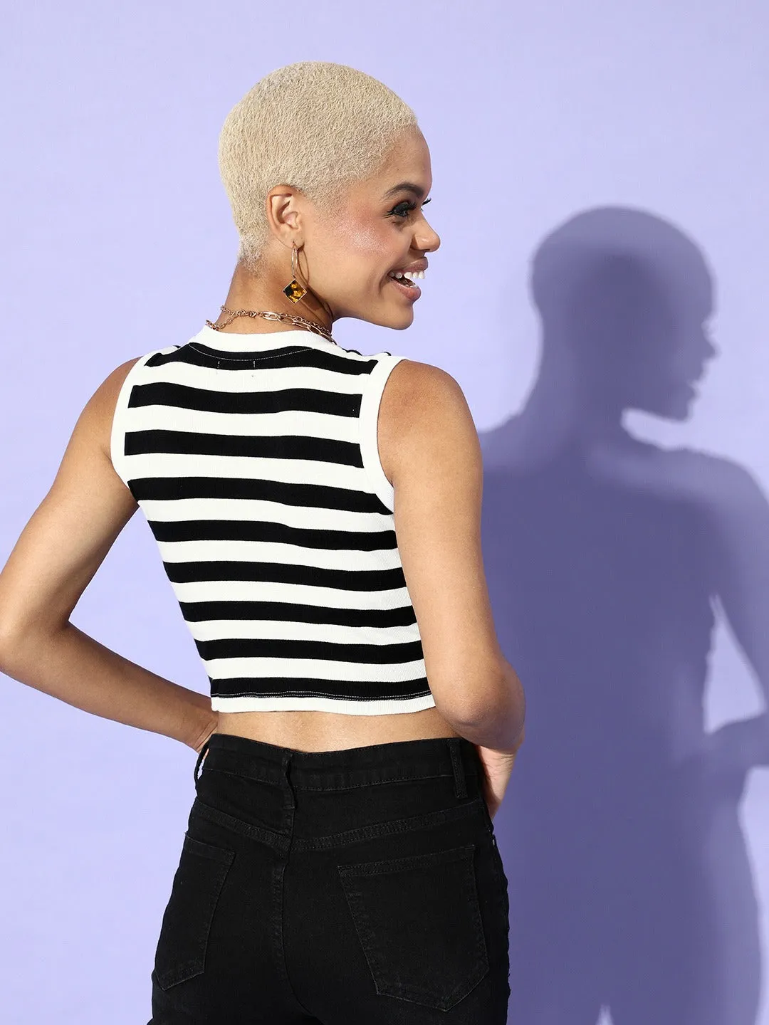 Black & White Stripe Sleeveless Rib Crop Top