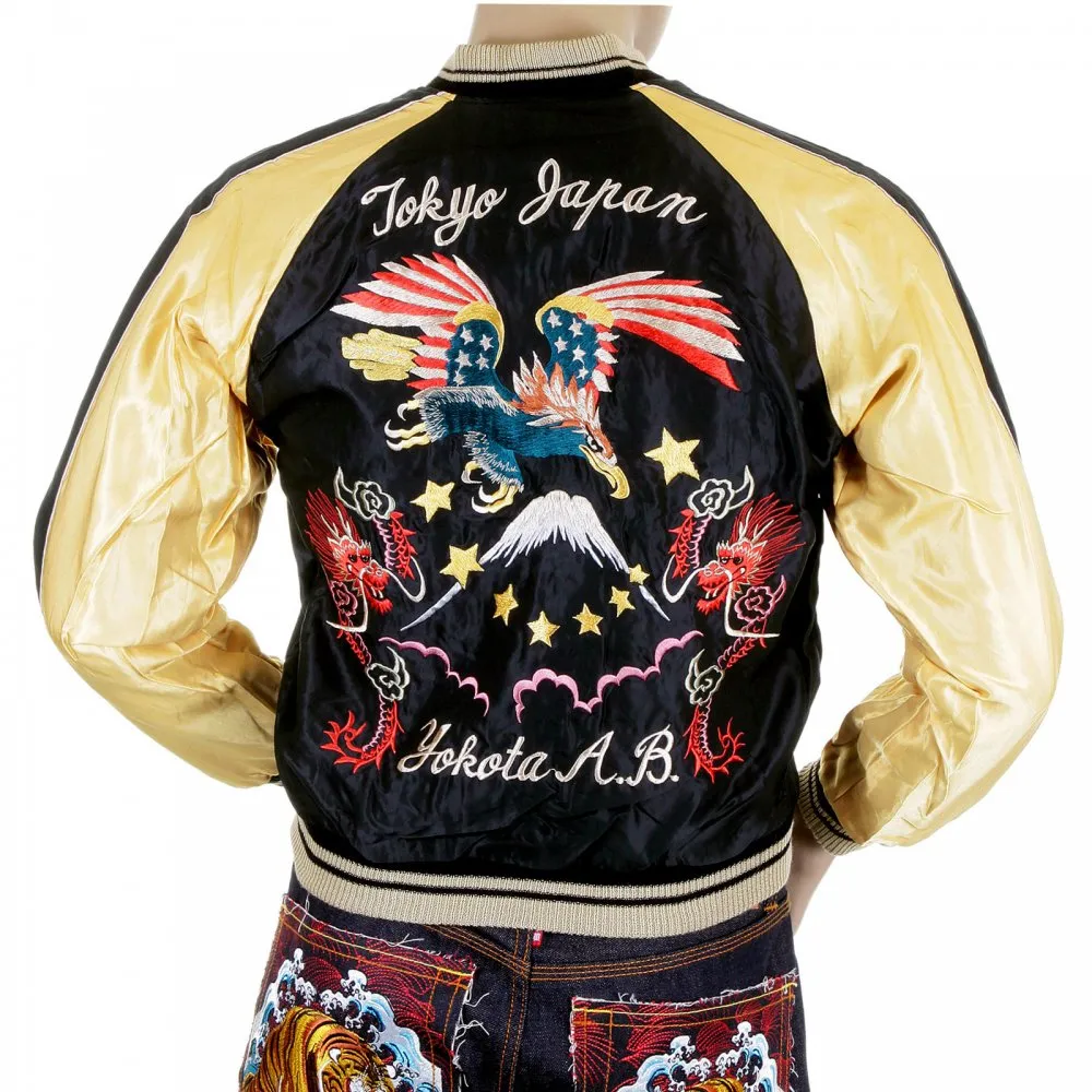 Black Body Gold Colour Sleeves Fully Reversible Souvenier Suka Jacket With Hand Embroidered USA Eagle Yokota AB TT11781