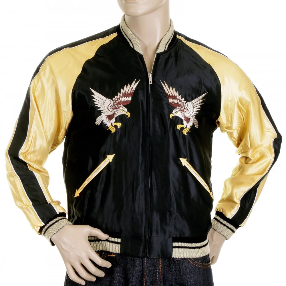 Black Body Gold Colour Sleeves Fully Reversible Souvenier Suka Jacket With Hand Embroidered USA Eagle Yokota AB TT11781