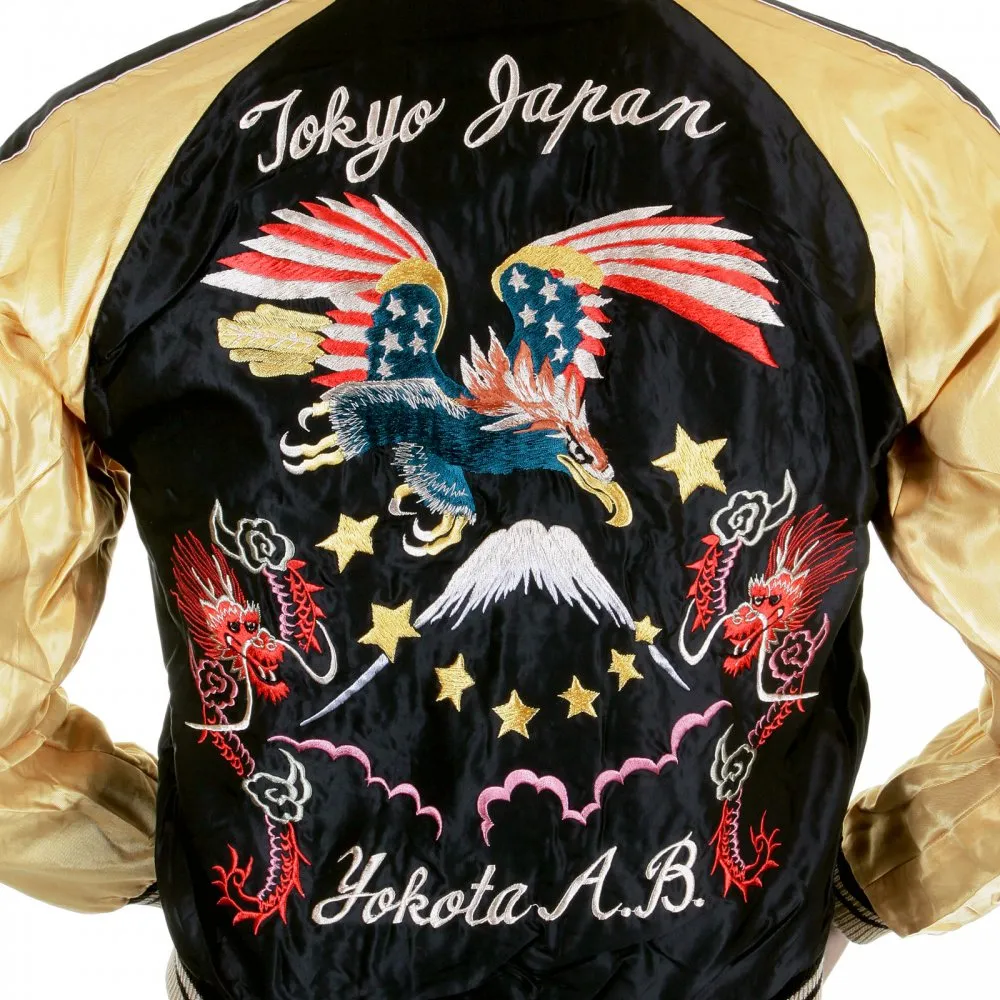 Black Body Gold Colour Sleeves Fully Reversible Souvenier Suka Jacket With Hand Embroidered USA Eagle Yokota AB TT11781