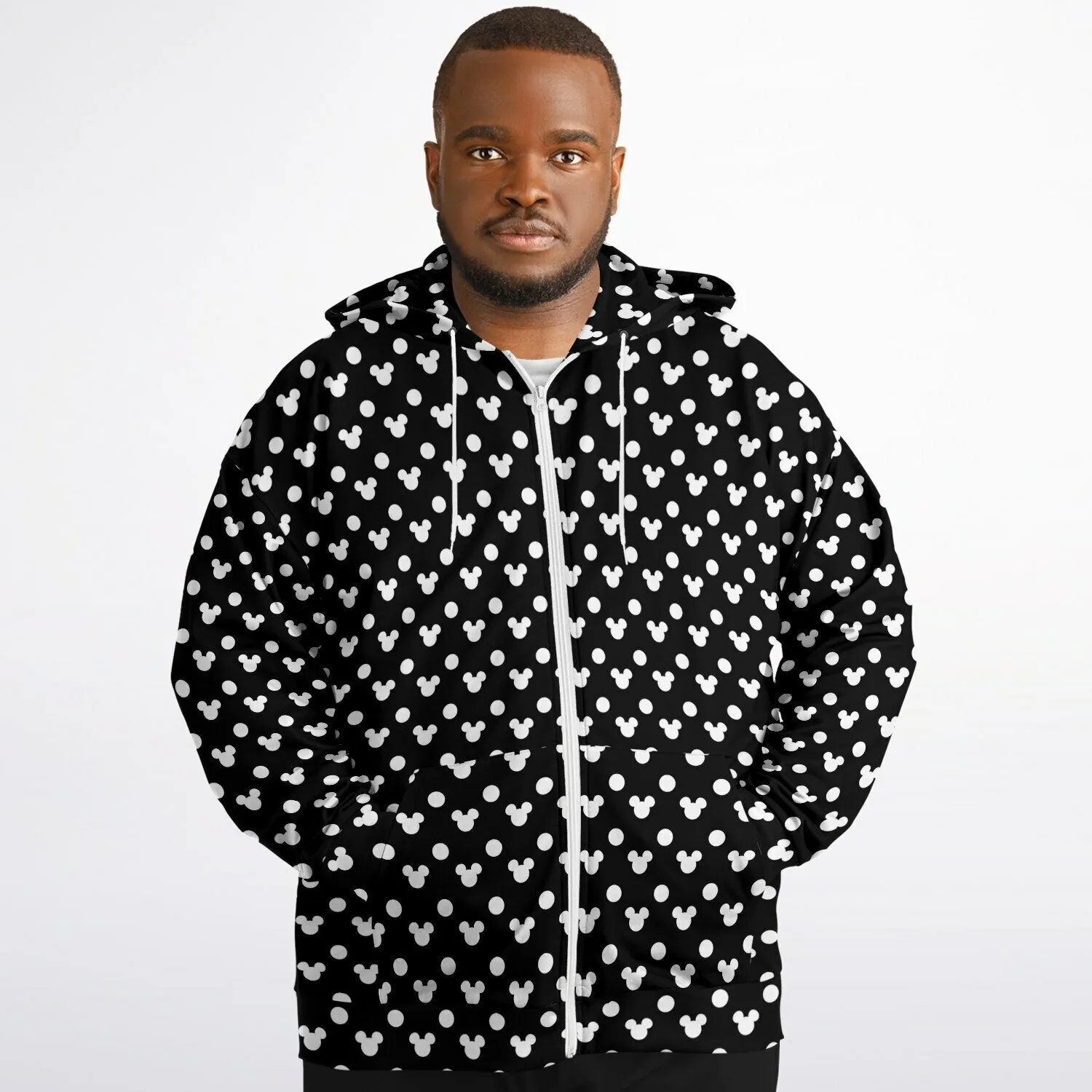 Black With White Mickey Polka Dots Plus-size Unisex Zip Hoodie