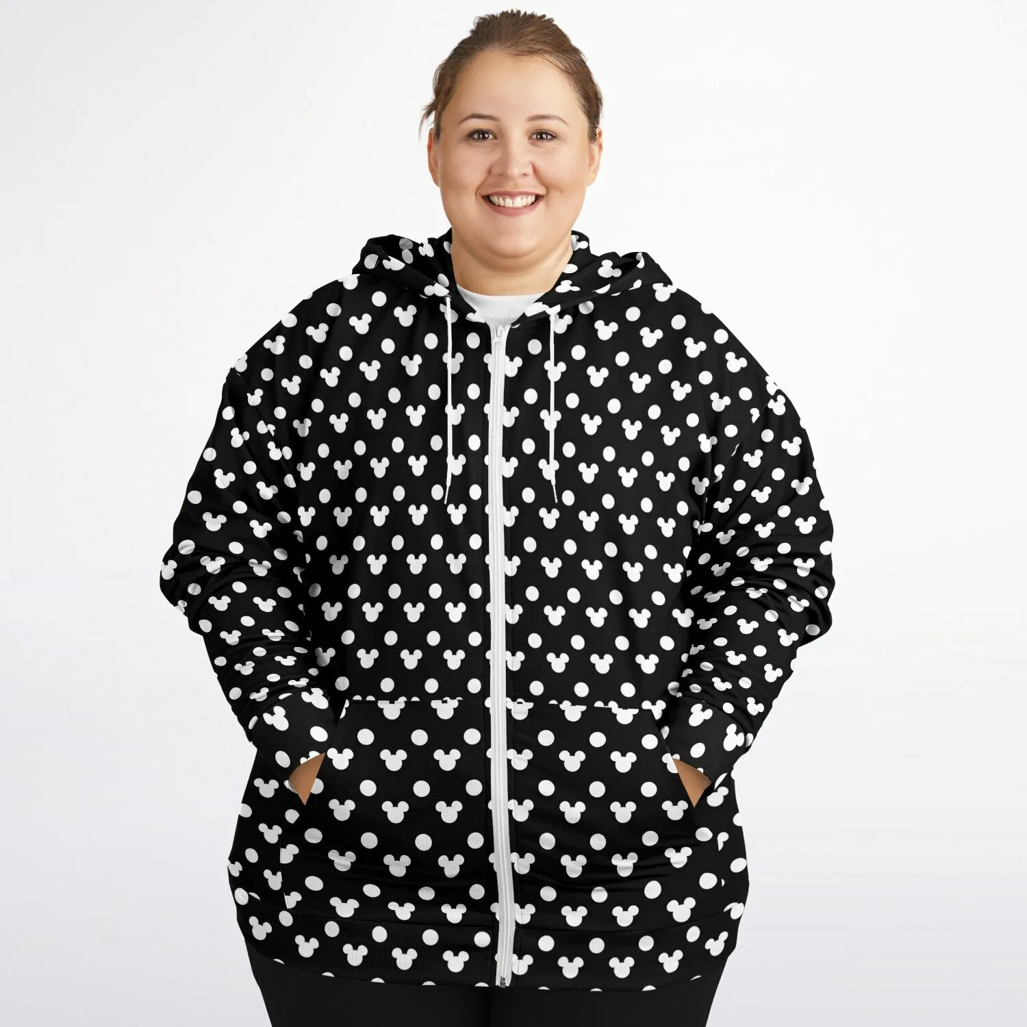 Black With White Mickey Polka Dots Plus-size Unisex Zip Hoodie