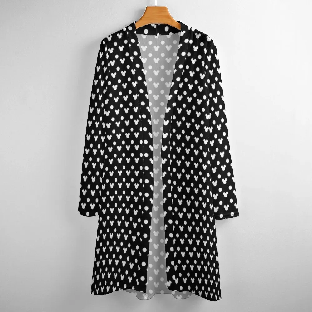 Black With White Mickey Polka Dots Women's Mid-Length Cardigan