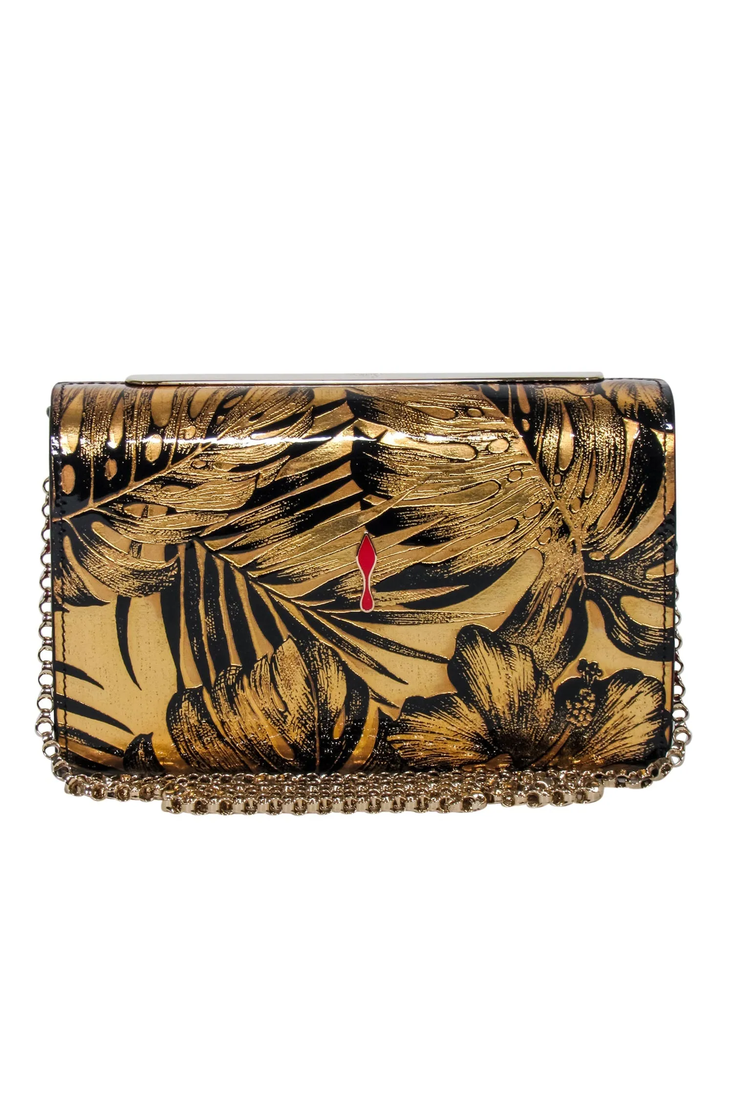 Christian Louboutin - Gold & Black Print Clutch w/ Red Jewel Detail