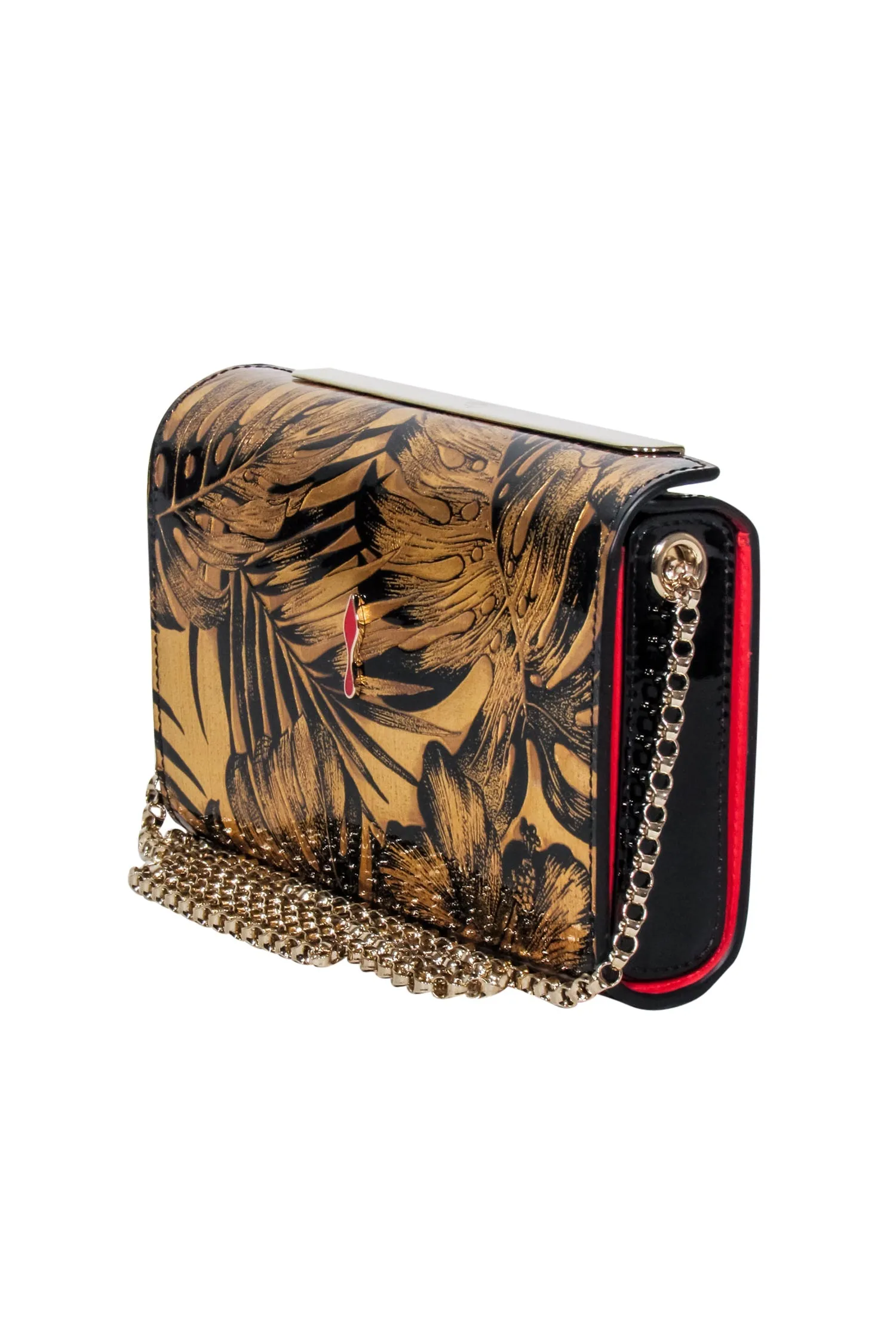 Christian Louboutin - Gold & Black Print Clutch w/ Red Jewel Detail