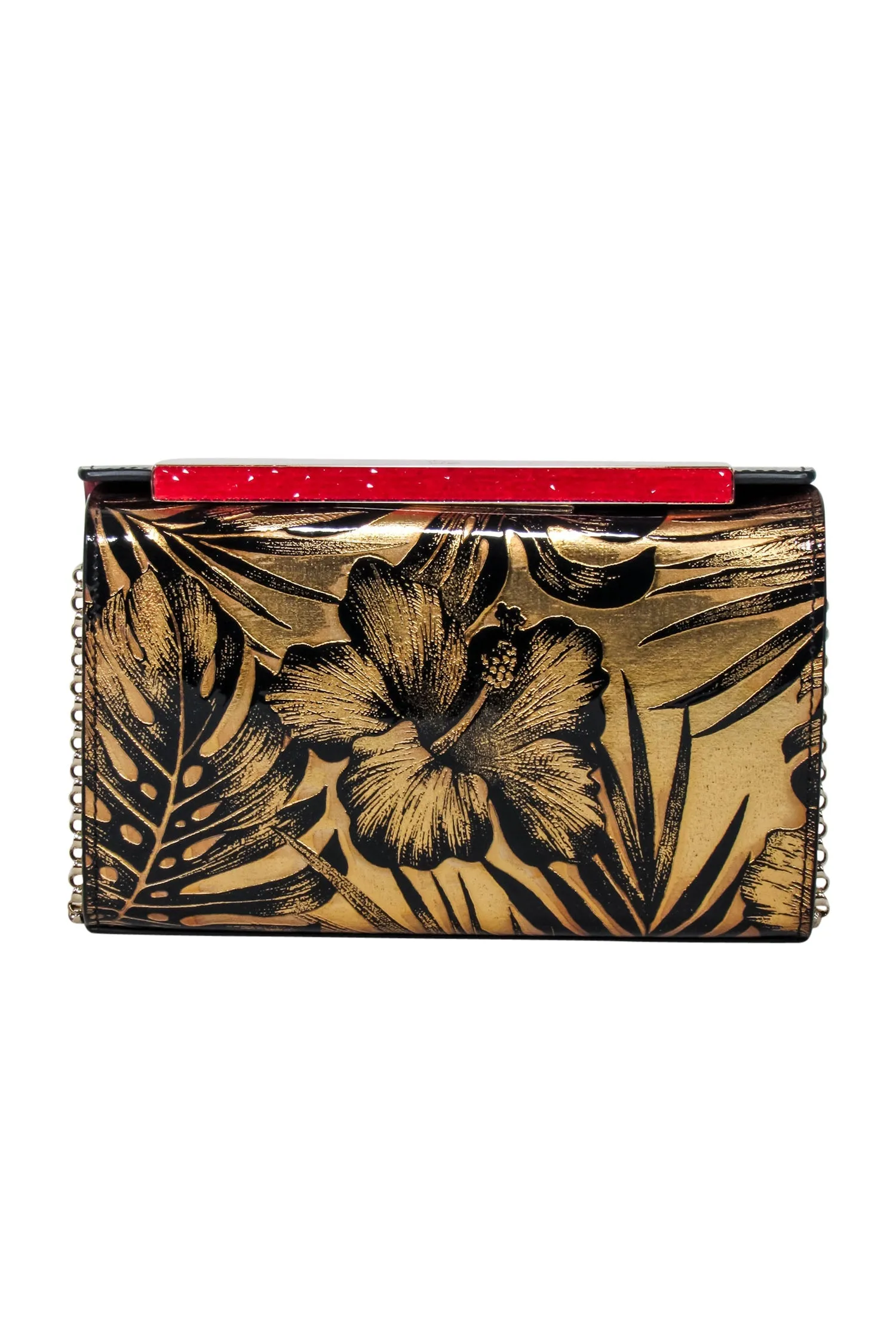 Christian Louboutin - Gold & Black Print Clutch w/ Red Jewel Detail