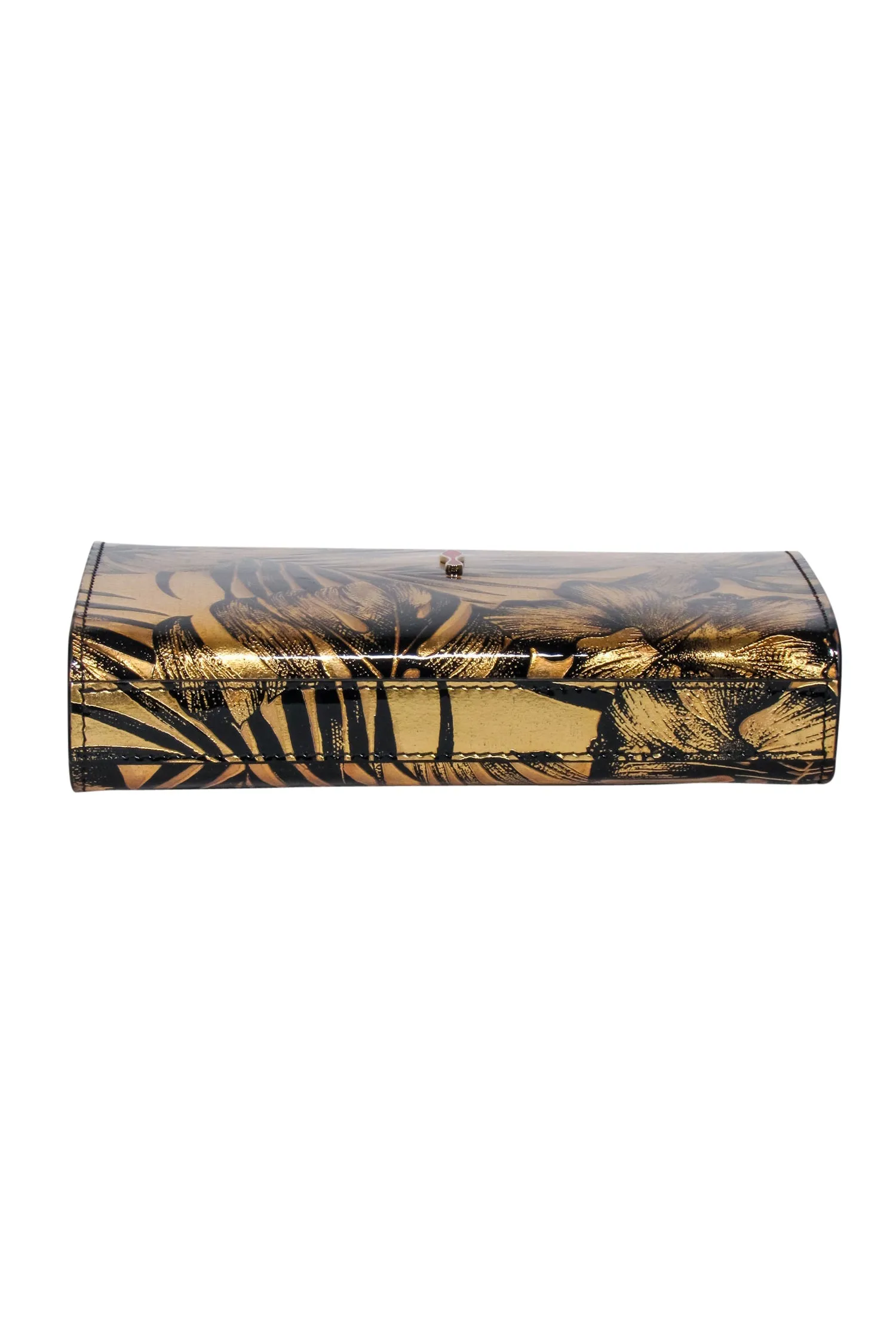 Christian Louboutin - Gold & Black Print Clutch w/ Red Jewel Detail