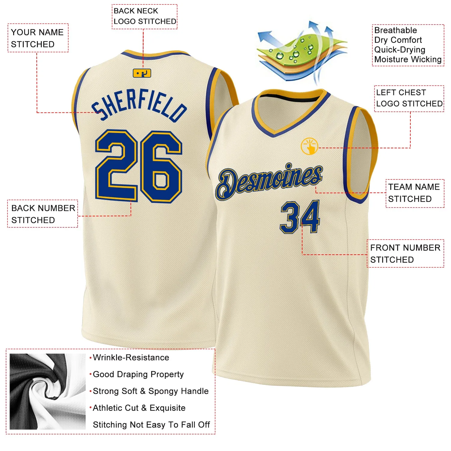 Custom Cream Royal-Gold Authentic Throwback Basketball Jersey