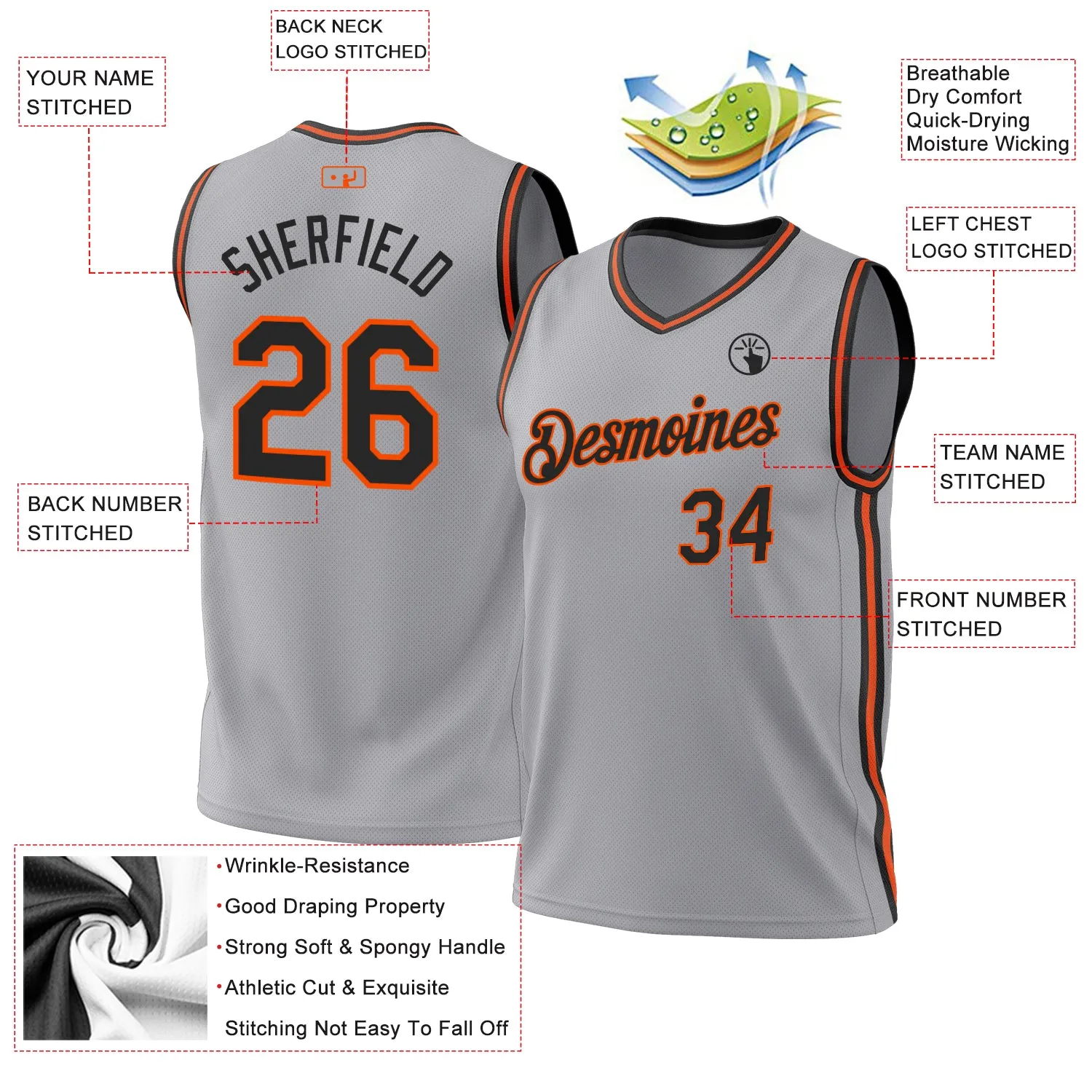 Custom Gray Black-Orange Authentic Throwback Basketball Jersey