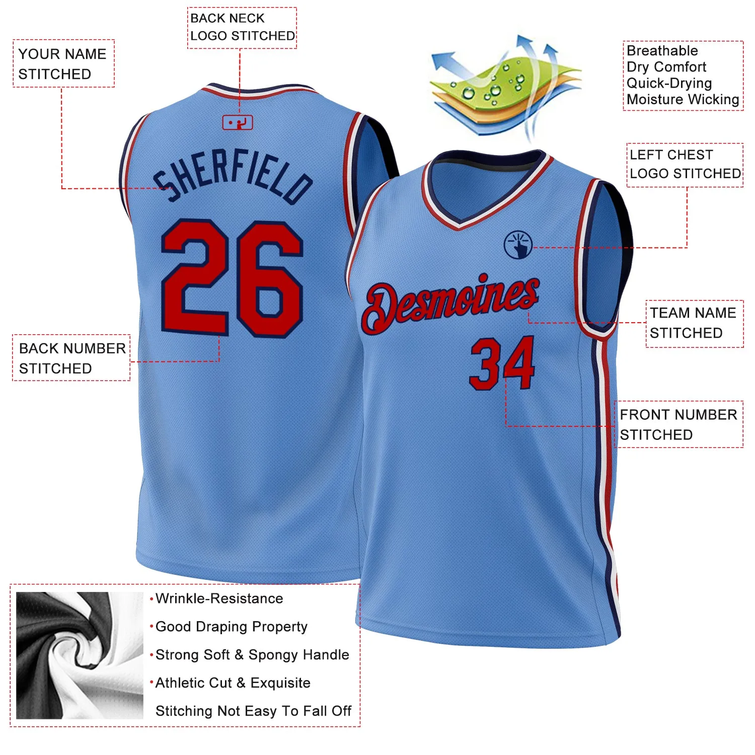 Custom Light Blue Red-Navy Authentic Throwback Basketball Jersey