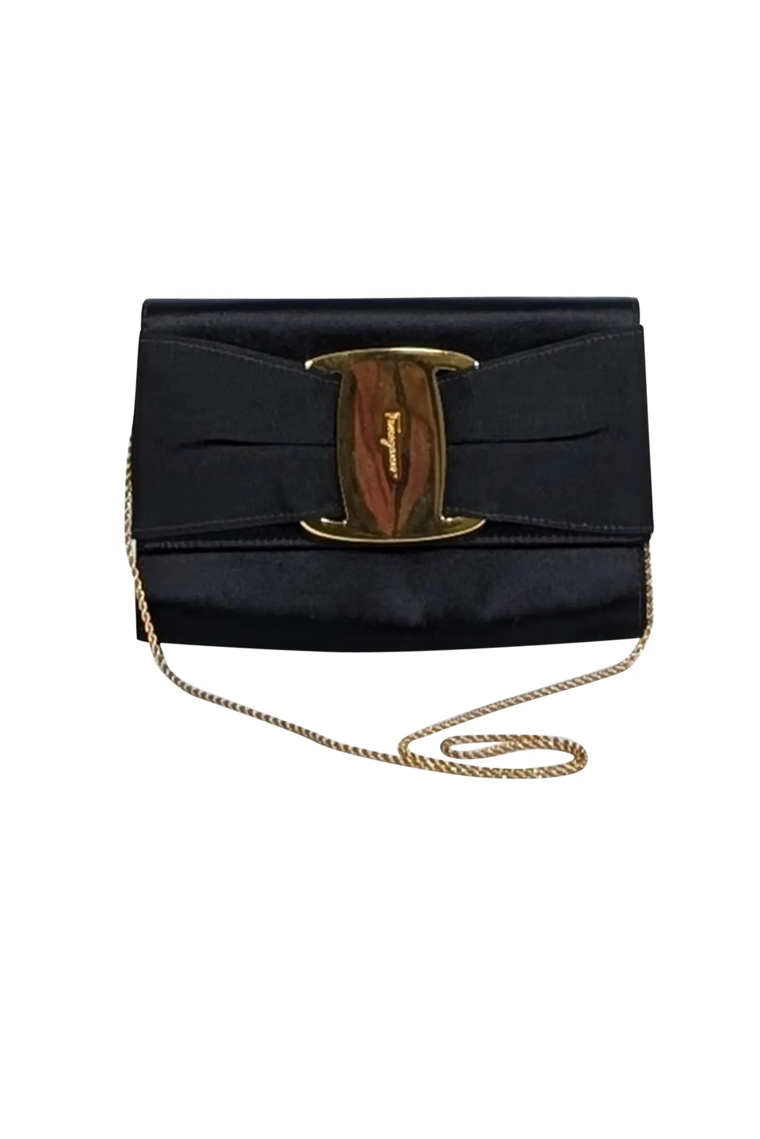 Ferragamo - Black Satin Bow Front Clutch w/ Thin Gold Chain Strap