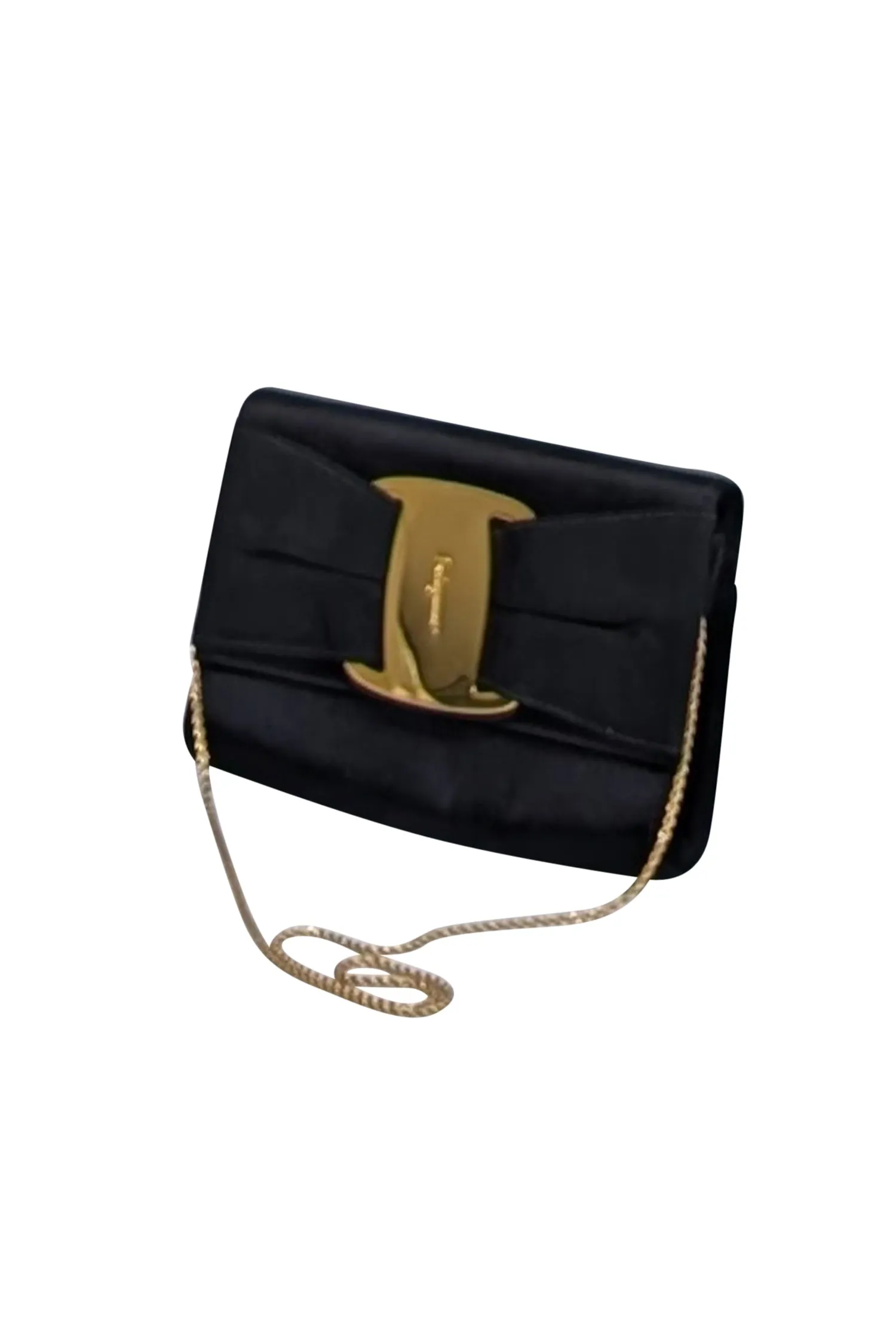 Ferragamo - Black Satin Bow Front Clutch w/ Thin Gold Chain Strap