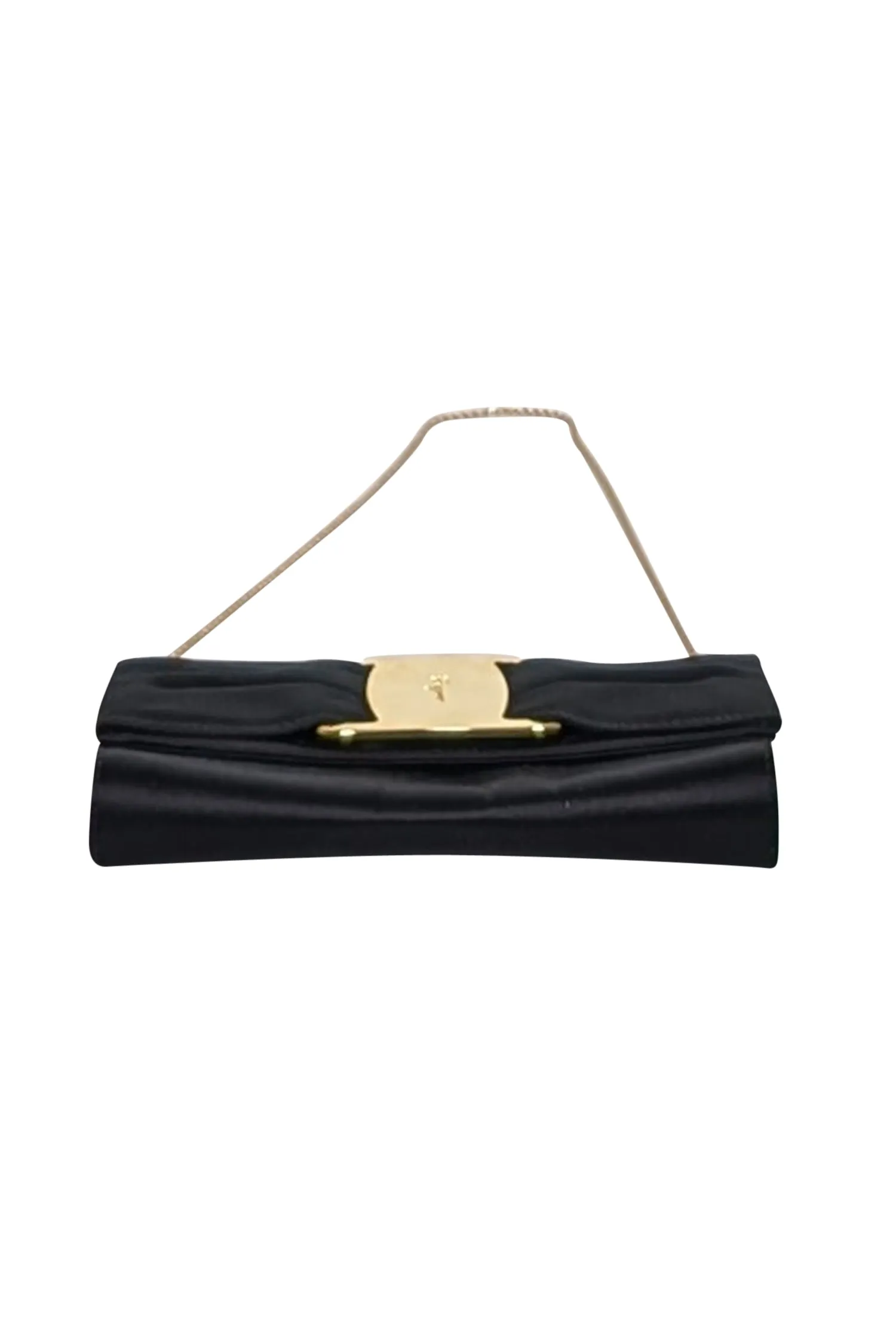 Ferragamo - Black Satin Bow Front Clutch w/ Thin Gold Chain Strap