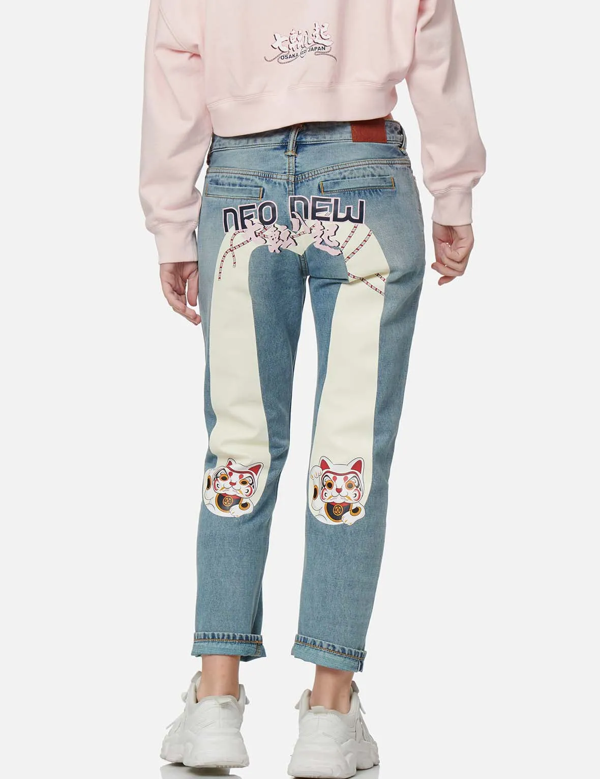 Fortune Cat Daicock Print Boyfriend Jeans