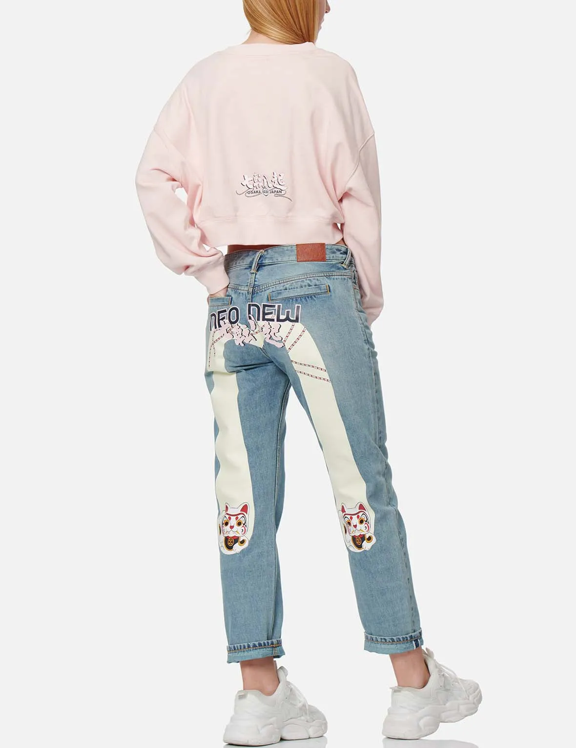 Fortune Cat Daicock Print Boyfriend Jeans