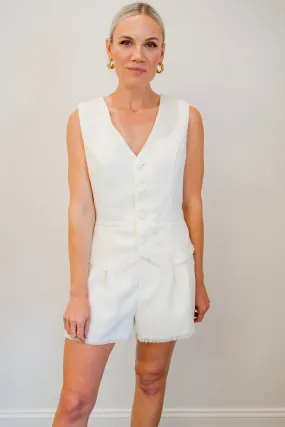 Frayed Hem Linen Vest Short Set in Cream