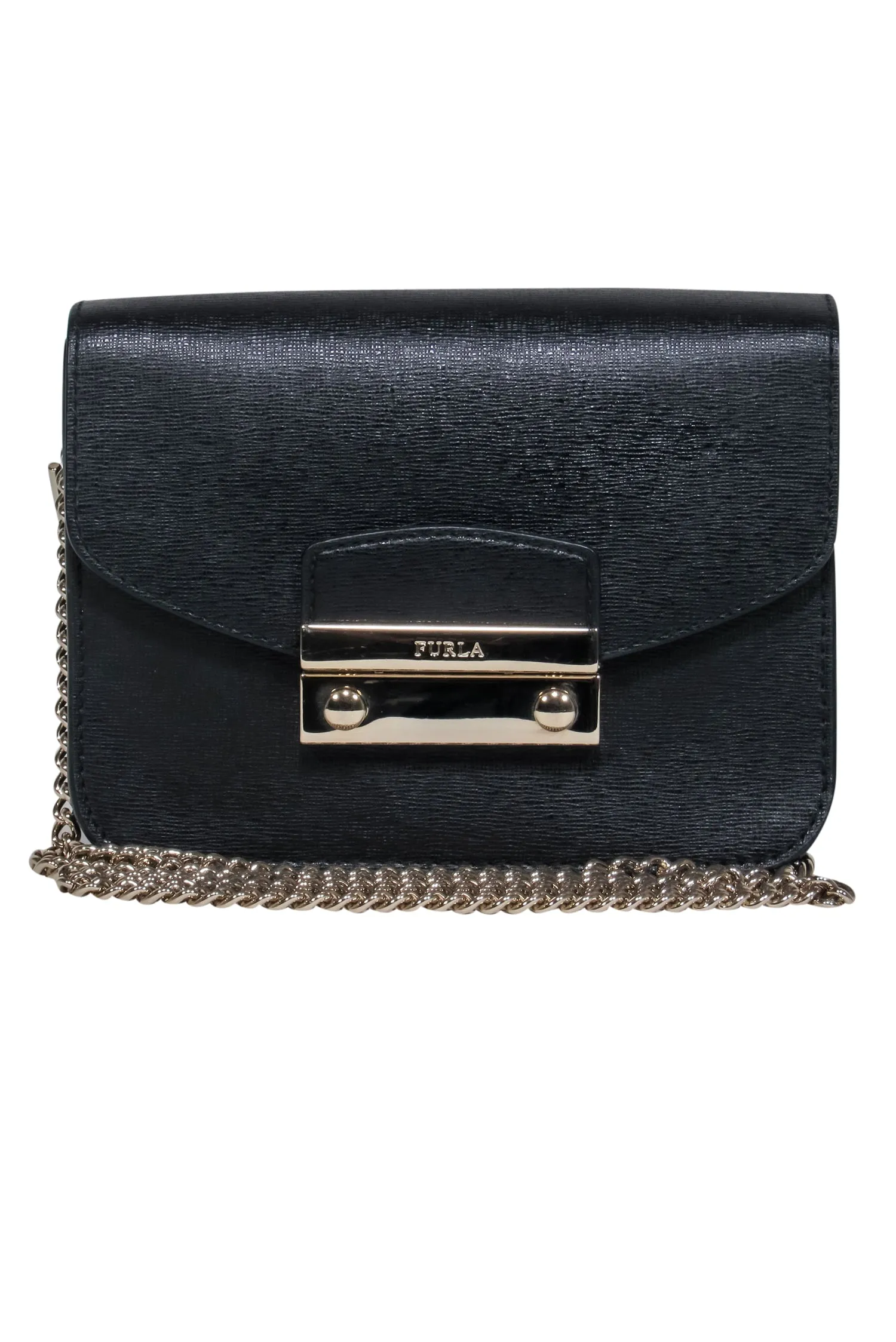 Furla - Black Textured Leather Mini Crossbody Bag w/ Chain Strap