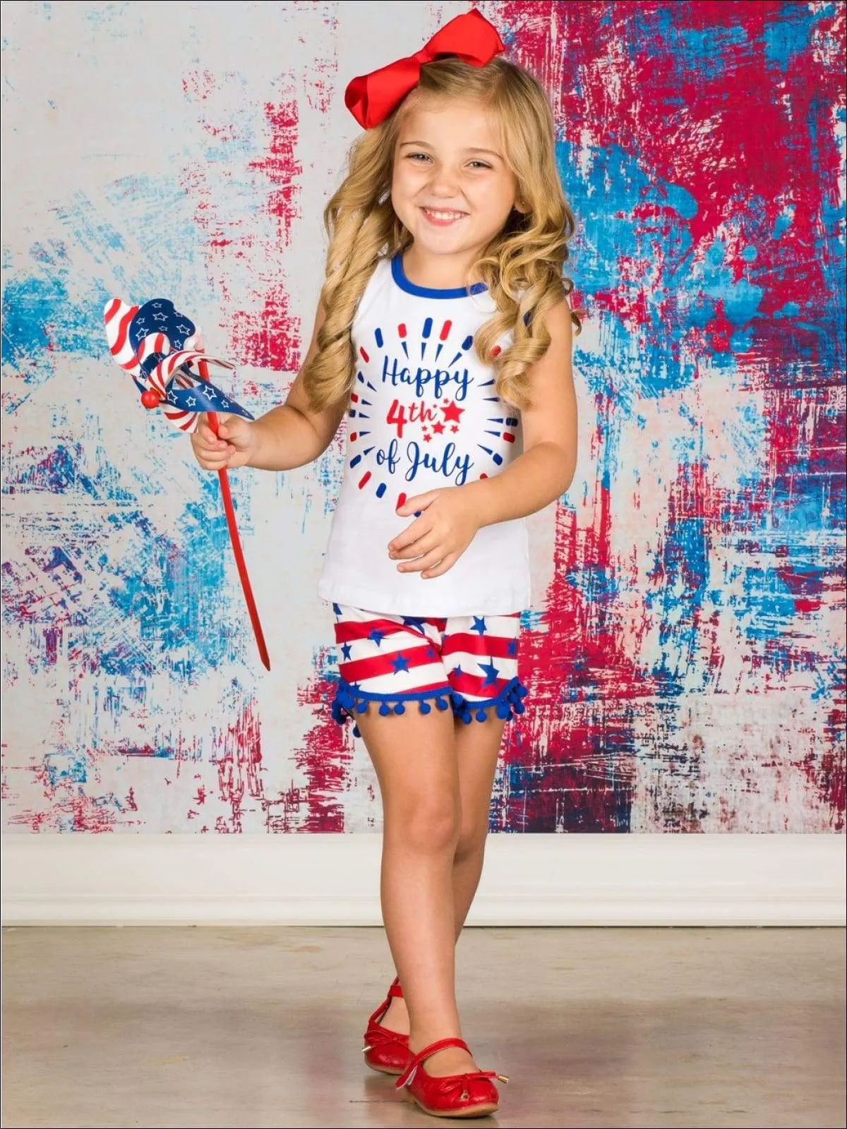 Girls Fourth of July Happy 4th of July Sleeveless Printed Top And American Flag Pom Pom Short Set