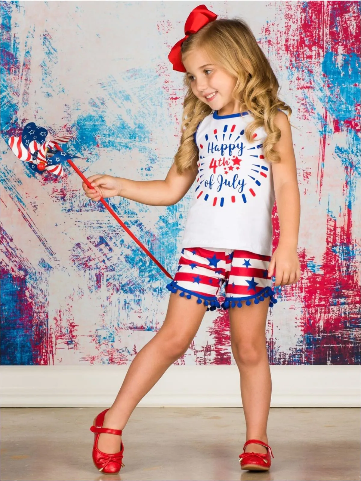 Girls Fourth of July Happy 4th of July Sleeveless Printed Top And American Flag Pom Pom Short Set