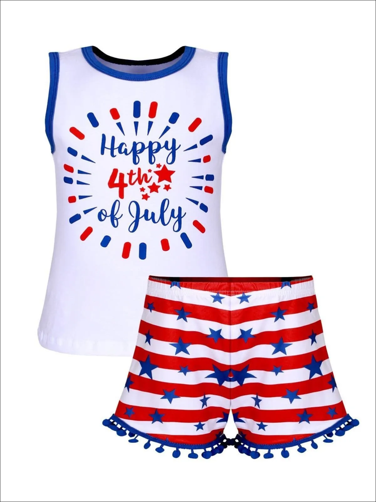 Girls Fourth of July Happy 4th of July Sleeveless Printed Top And American Flag Pom Pom Short Set