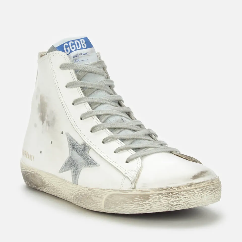 Golden Goose Francy Distressed Leather and Suede High-Top Trainers - UK 3 | Coggles