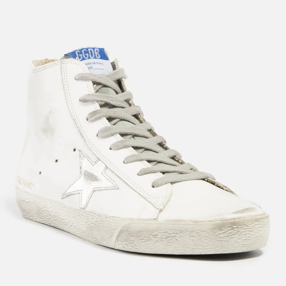 Golden Goose Francy Distressed Leather and Suede High-Top Trainers - UK 3 | Coggles