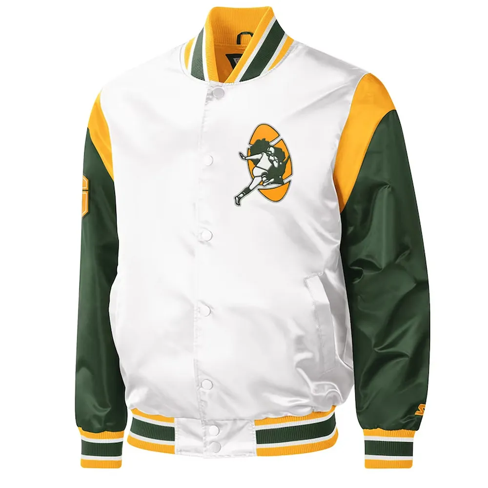 Green Bay Packers Throwback Warm Up Pitch White Varsity Satin Jacket