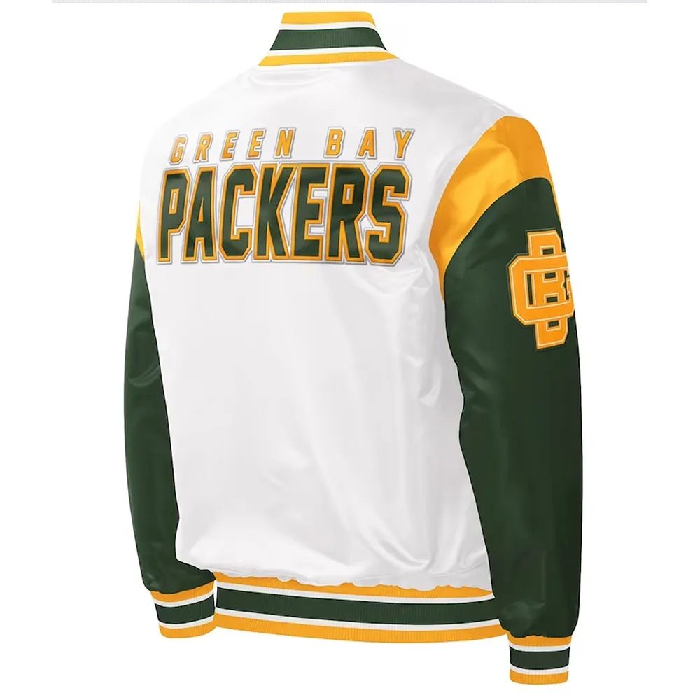 Green Bay Packers Throwback Warm Up Pitch White Varsity Satin Jacket