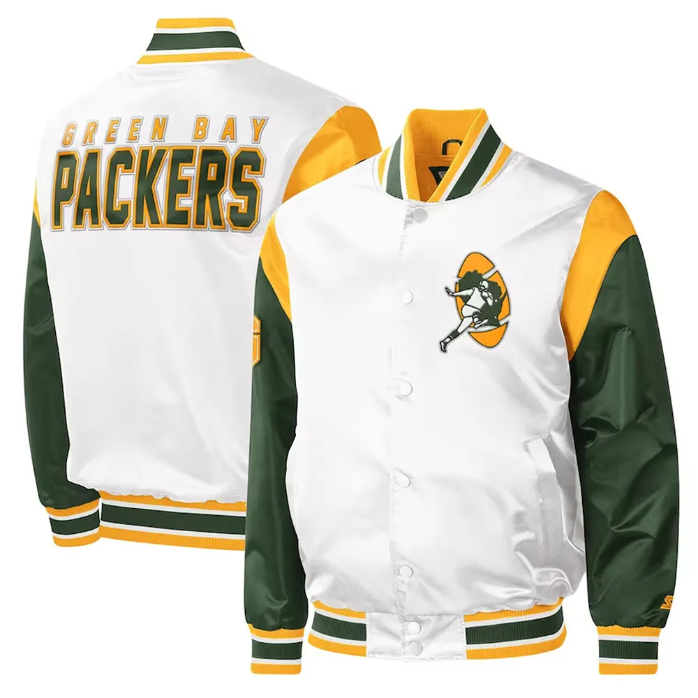 Green Bay Packers Throwback Warm Up Pitch White Varsity Satin Jacket