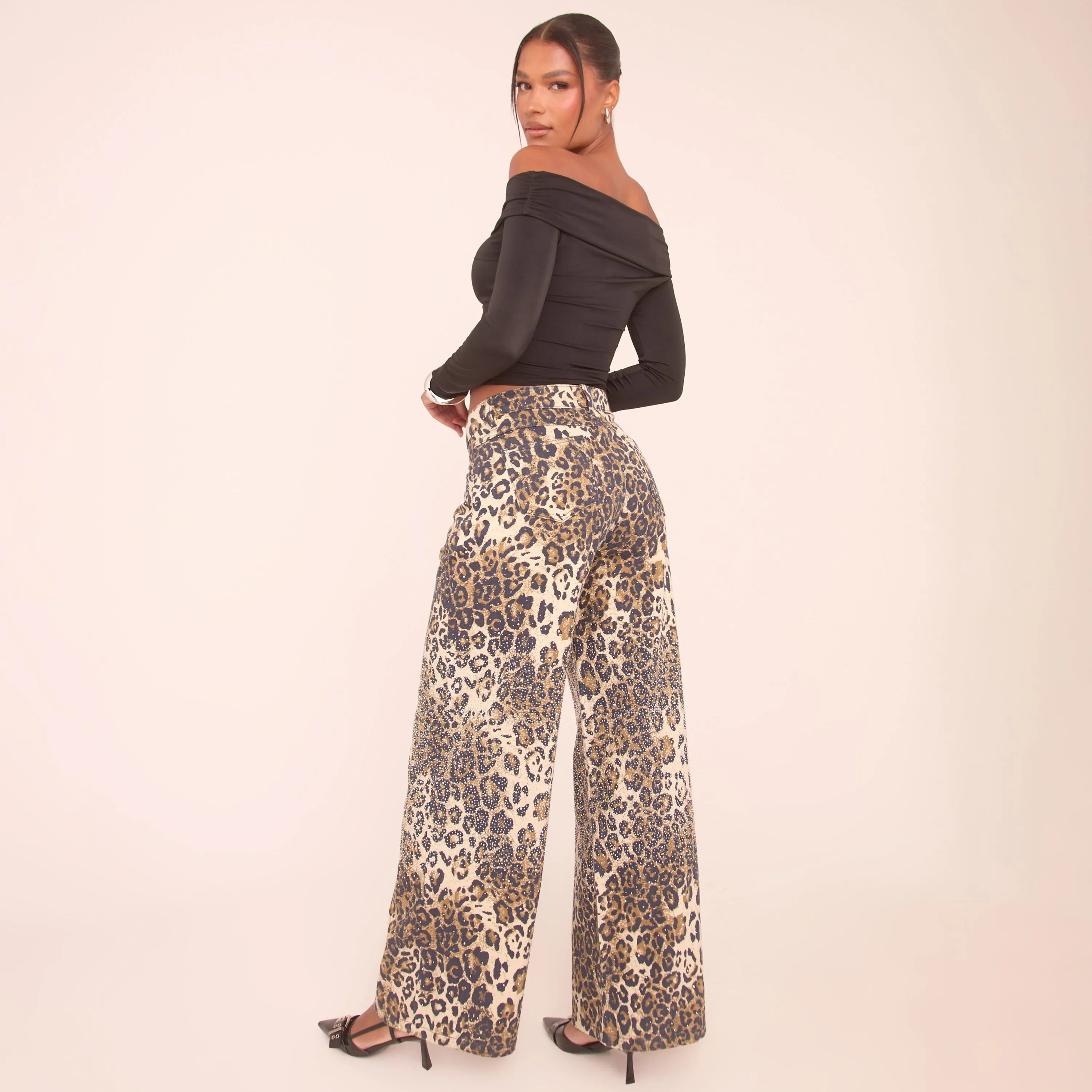 High Waist Diamante Detail Straight Leg Jeans In Brown Leopard Print Denim