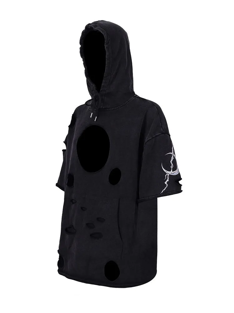 Hole Short Sleeve Pullover Hoodie