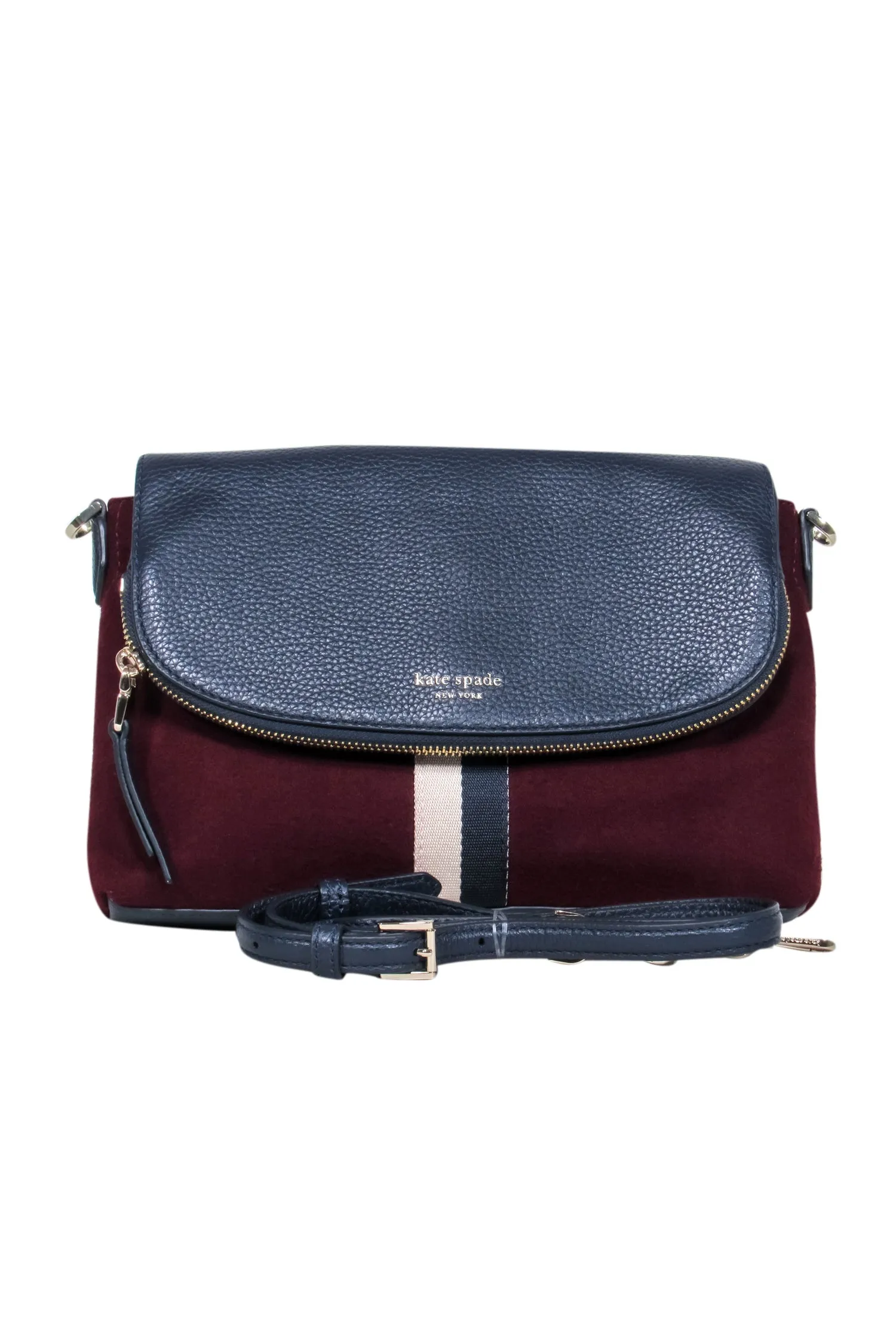 Kate Spade - Navy Leather & Marron Wool Crossbody Bag w/ Stripe