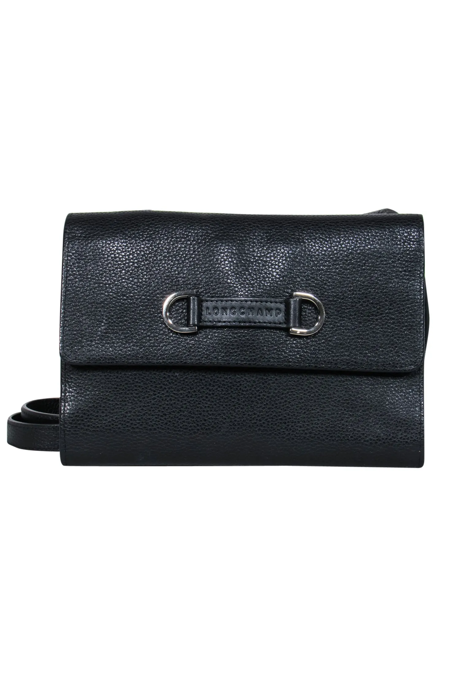 Longchamp - Black Pebbled Leather Wallet Crossbody Bag