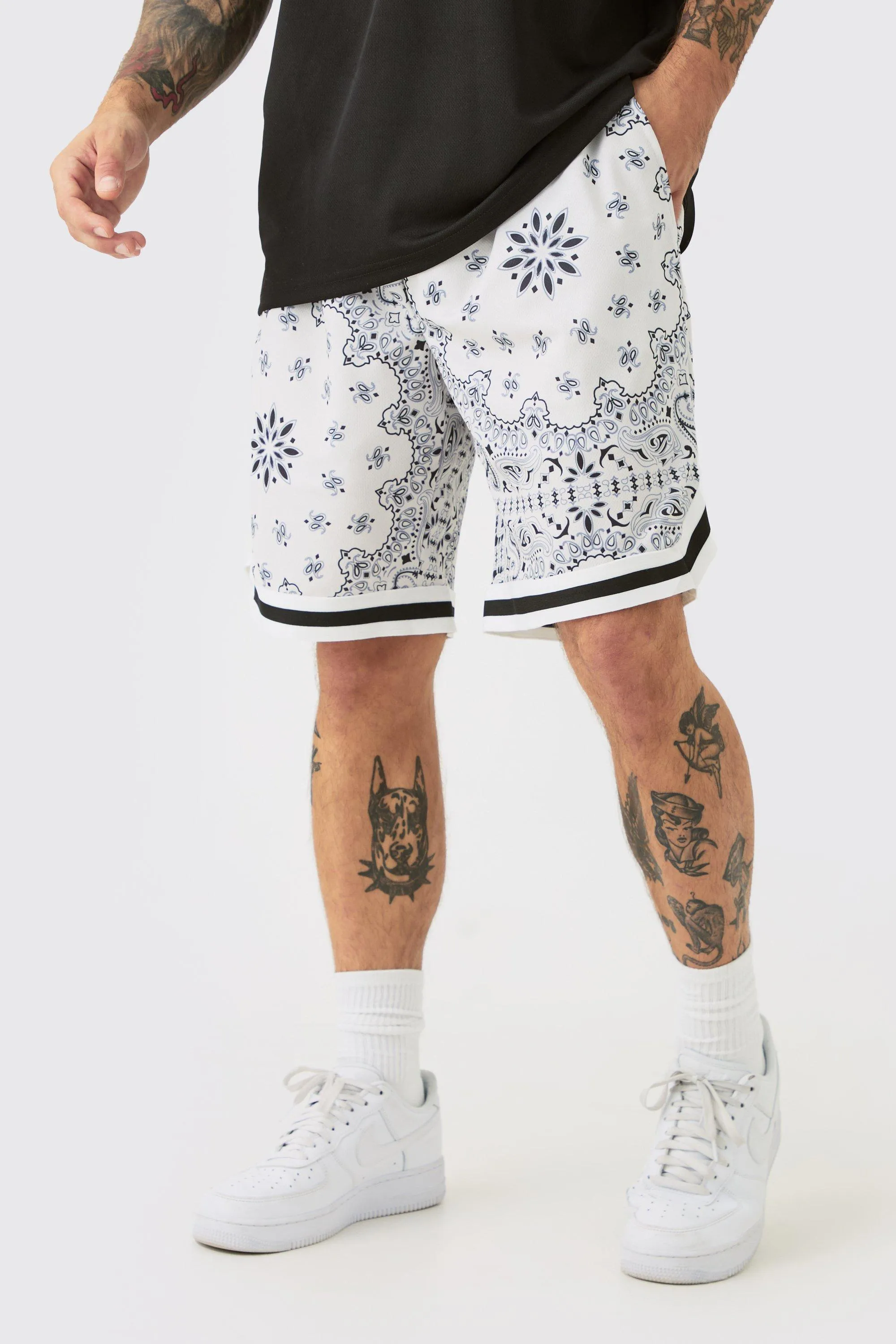 Loose Fit Mid Length Bandana Mesh Basketball Short | boohooMAN UK