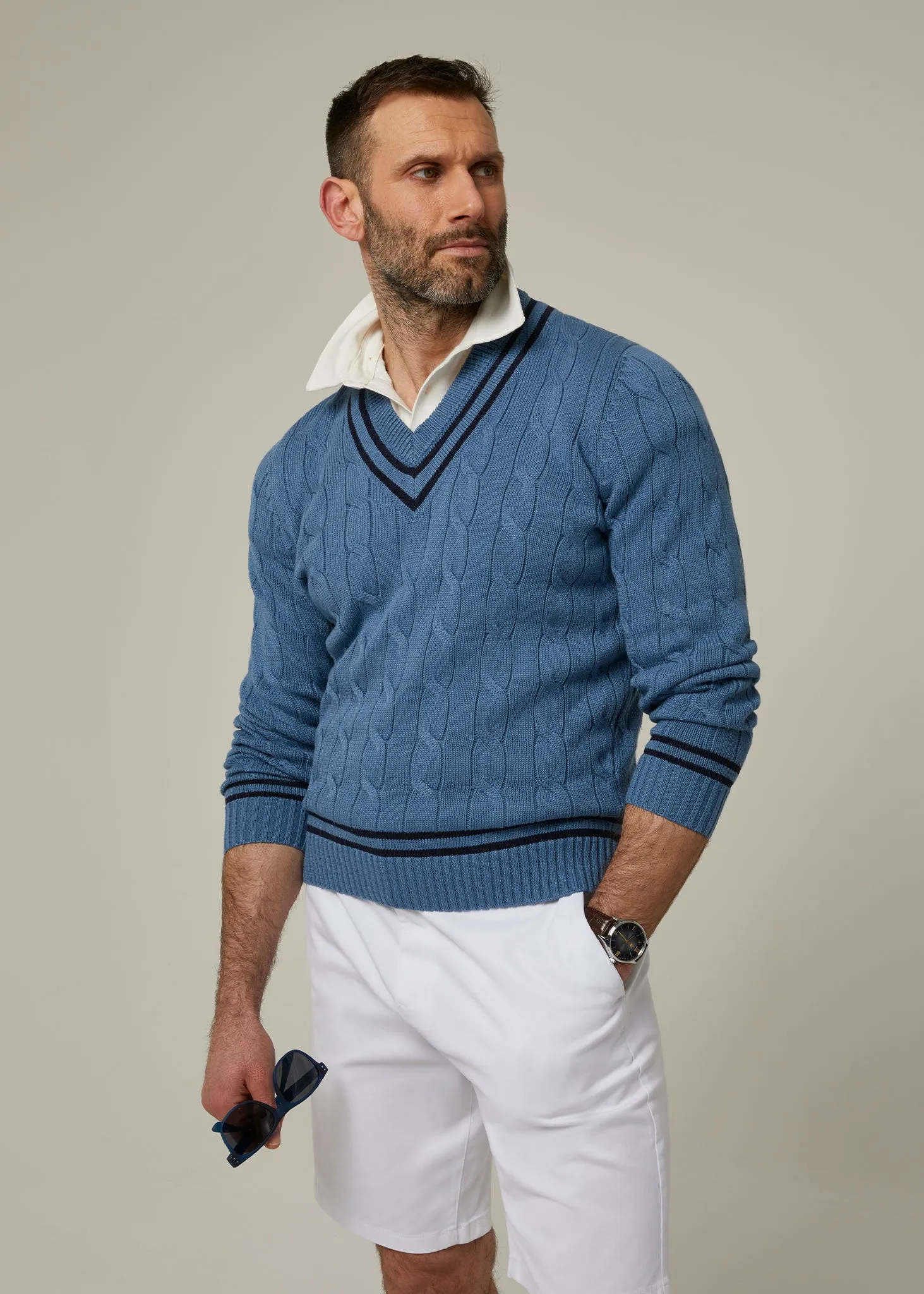 Men's Cable Knit Cricket Jumper In Airforce & Dark Navy - Alan Paine UK