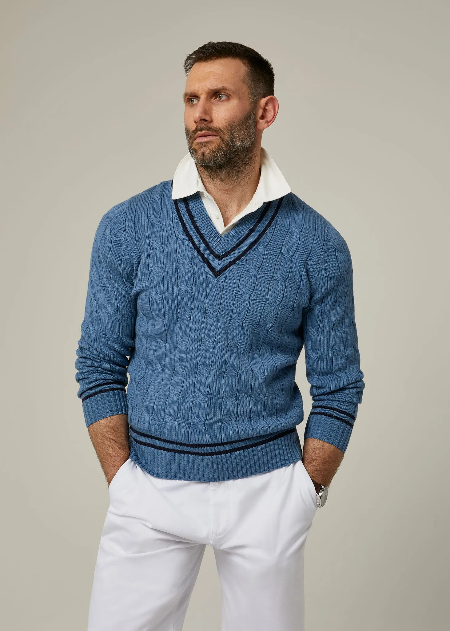 Men's Cable Knit Cricket Jumper In Airforce & Dark Navy - Alan Paine UK