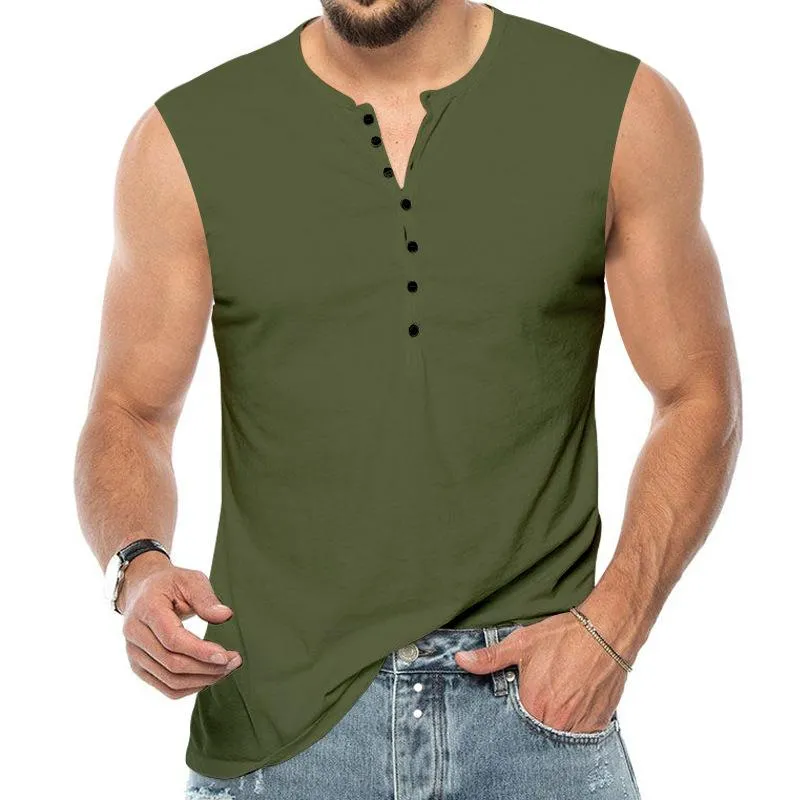 Men's Casual Solid Color Henley Collar Sleeveless Tank Top 62119111Y