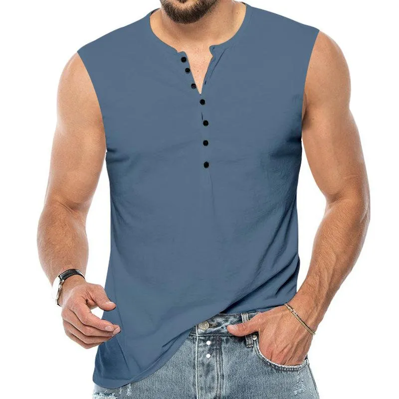 Men's Casual Solid Color Henley Collar Sleeveless Tank Top 62119111Y