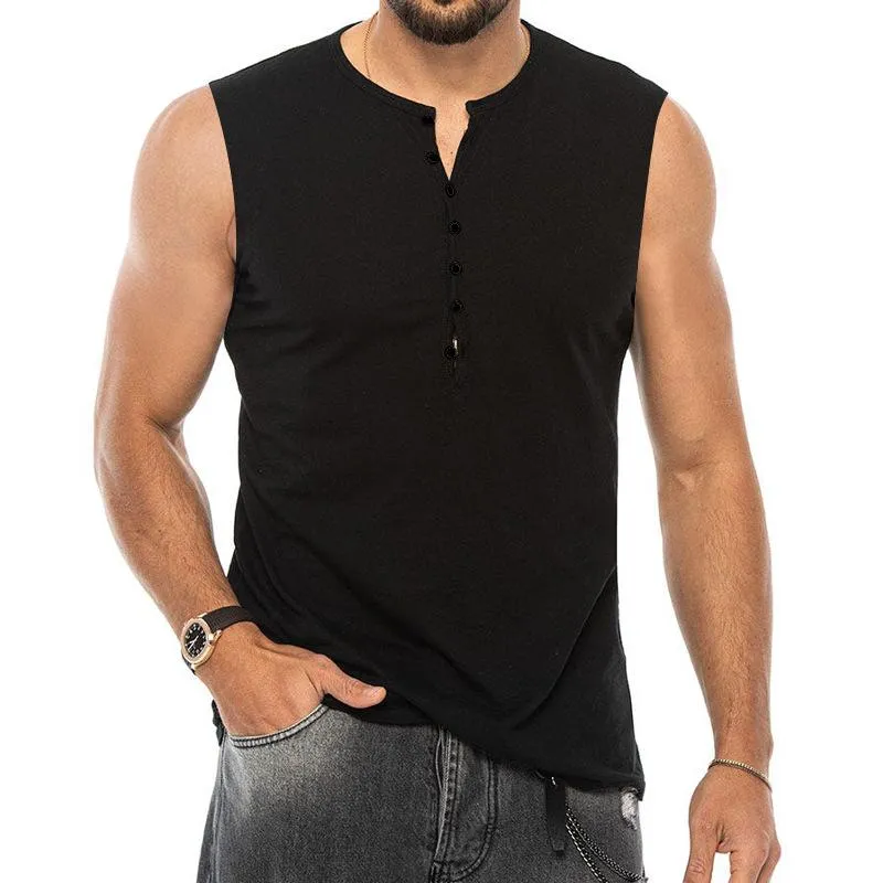 Men's Casual Solid Color Henley Collar Sleeveless Tank Top 62119111Y